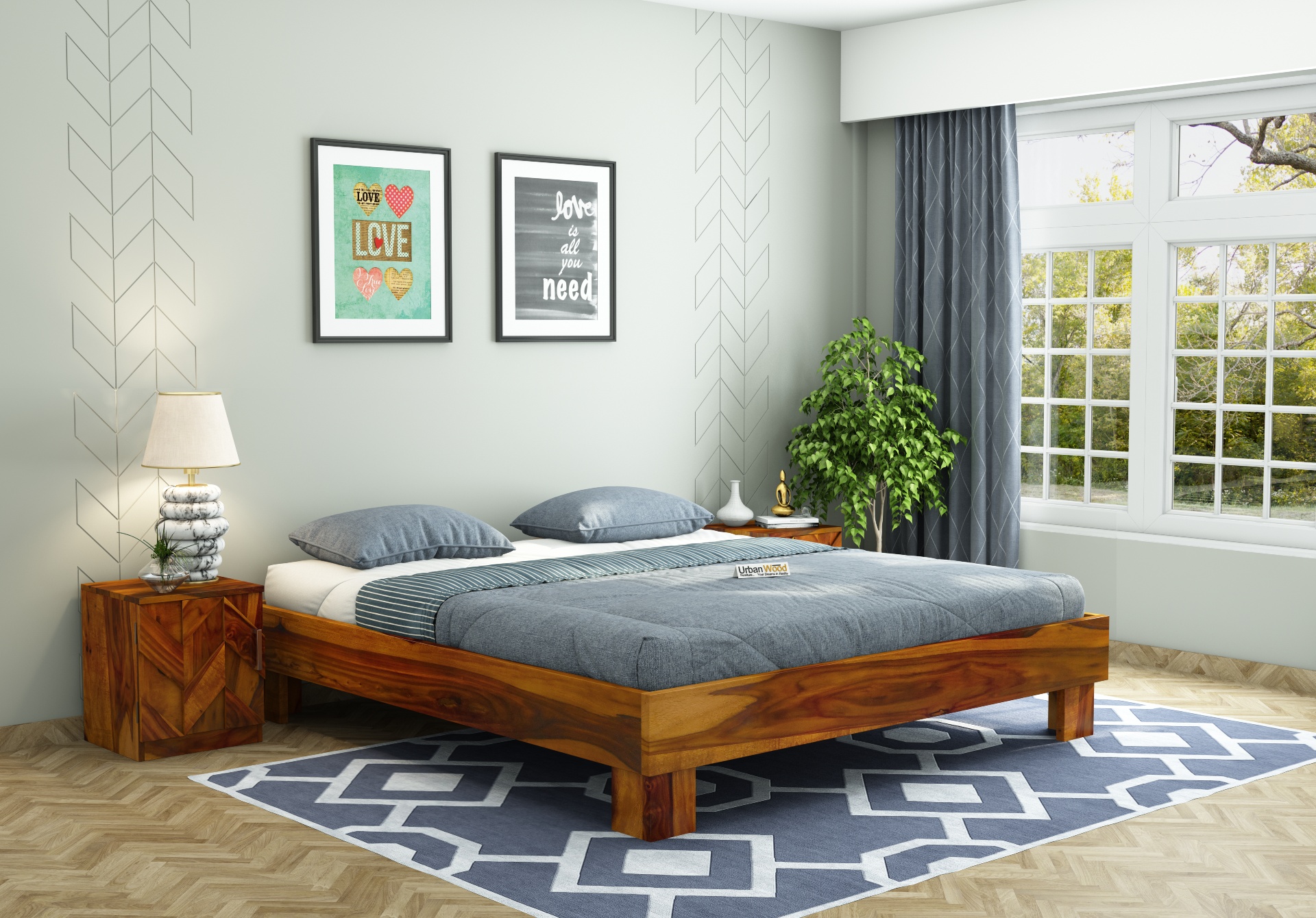 Trace Platform Bed ( Queen Size, Honey Finish )