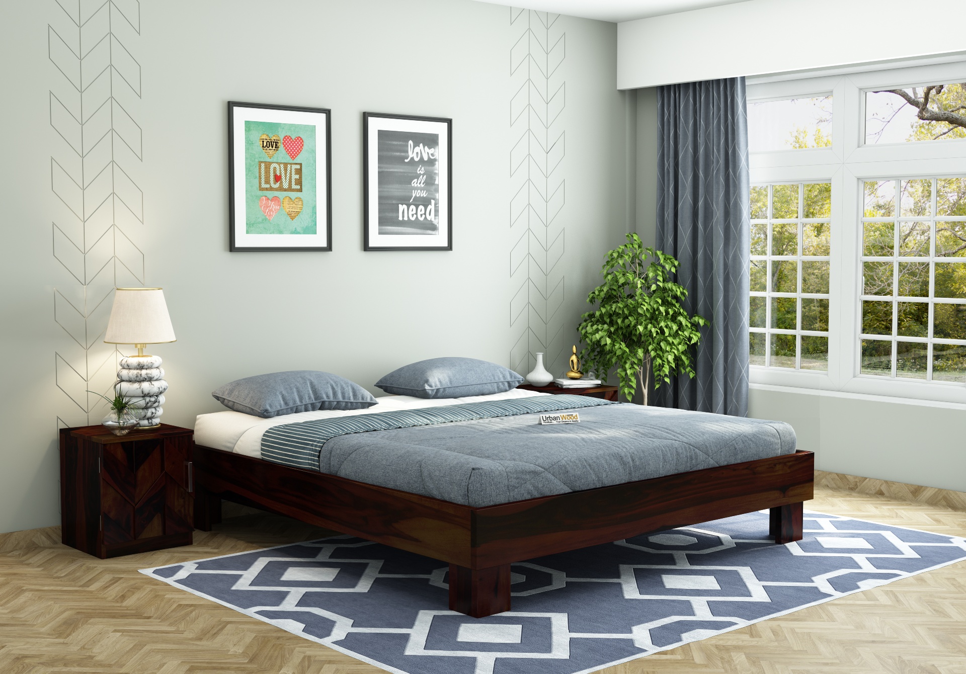 Trace Platform Bed ( Queen Size, Walnut Finish )