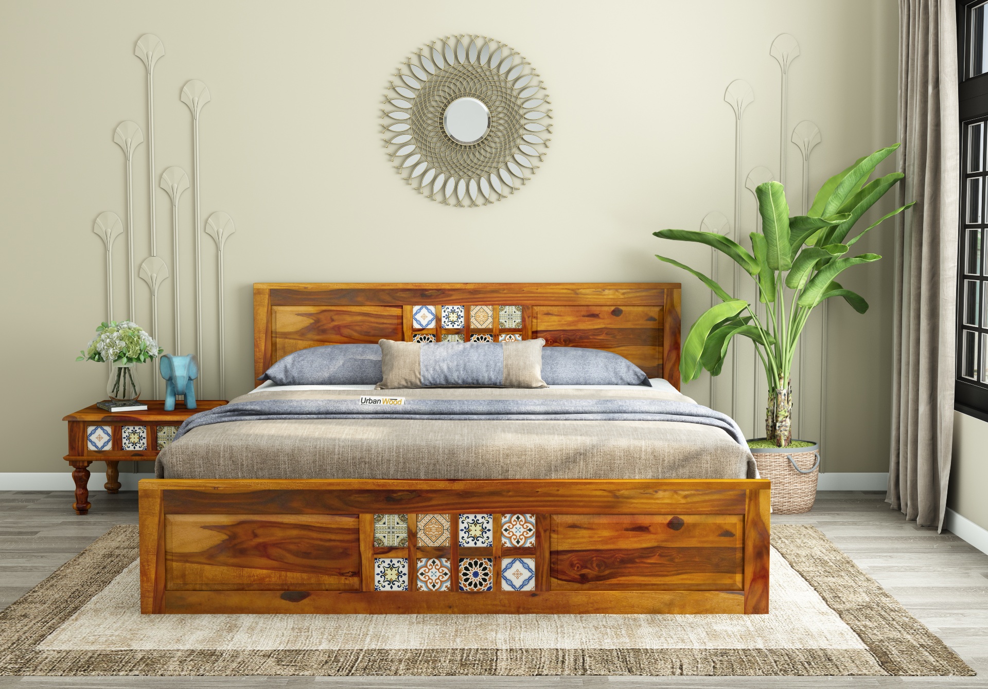 Relay Wooden Bed with Box Storage ( King Size, Honey Finish )