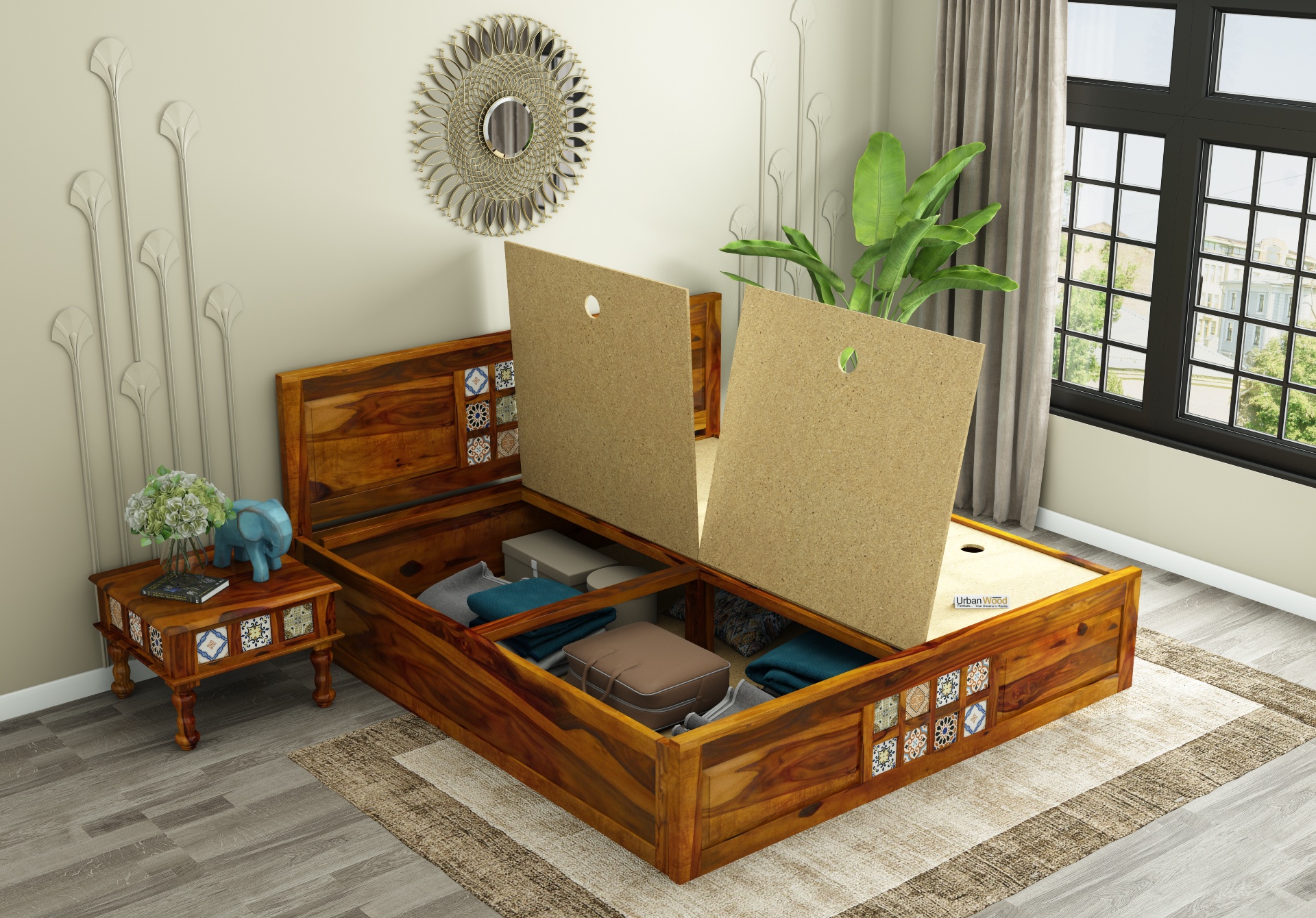 Relay Wooden Bed with Box Storage ( King Size, Honey Finish )