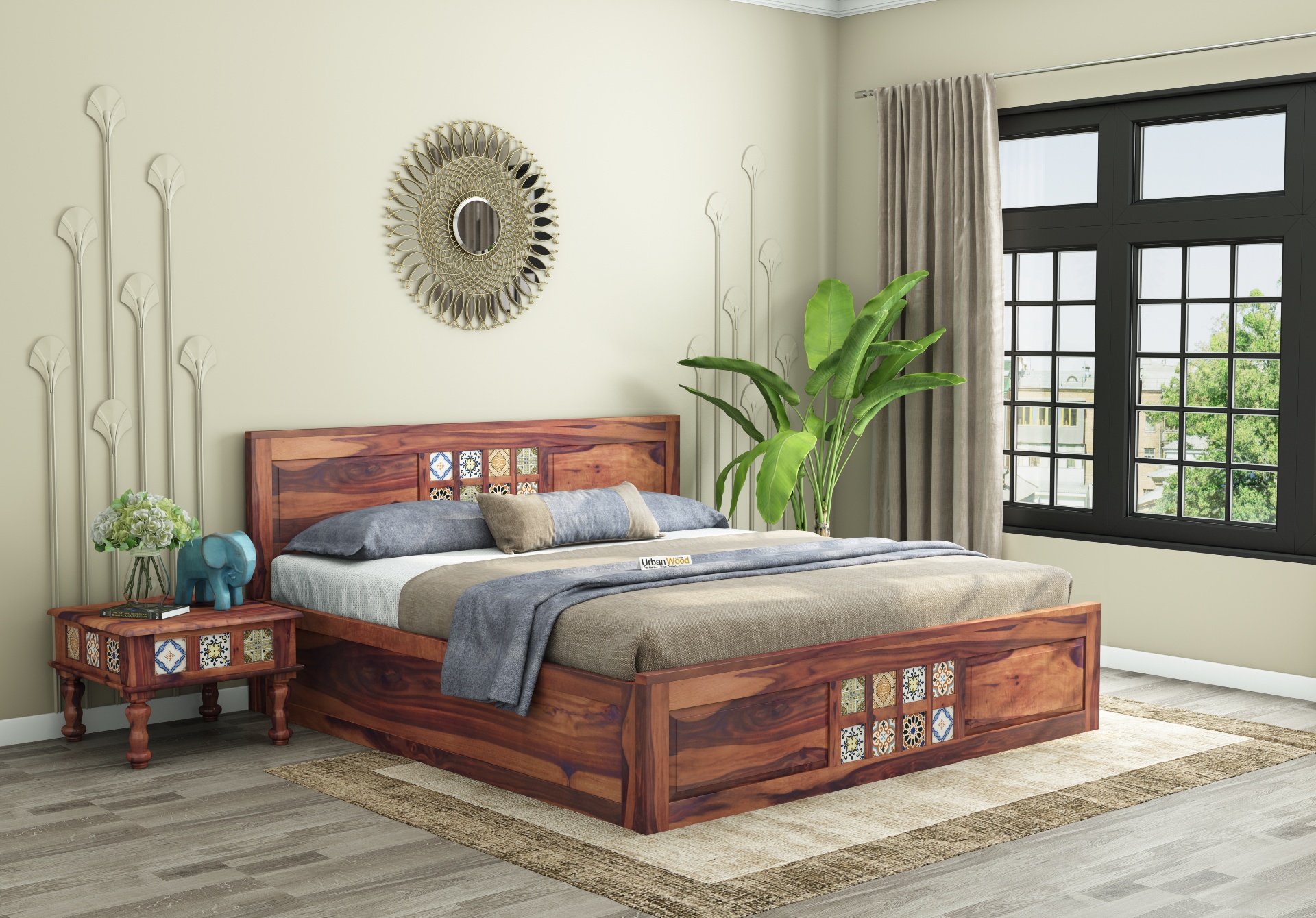 Relay Wooden Bed with Box Storage ( King Size, Teak Finish )