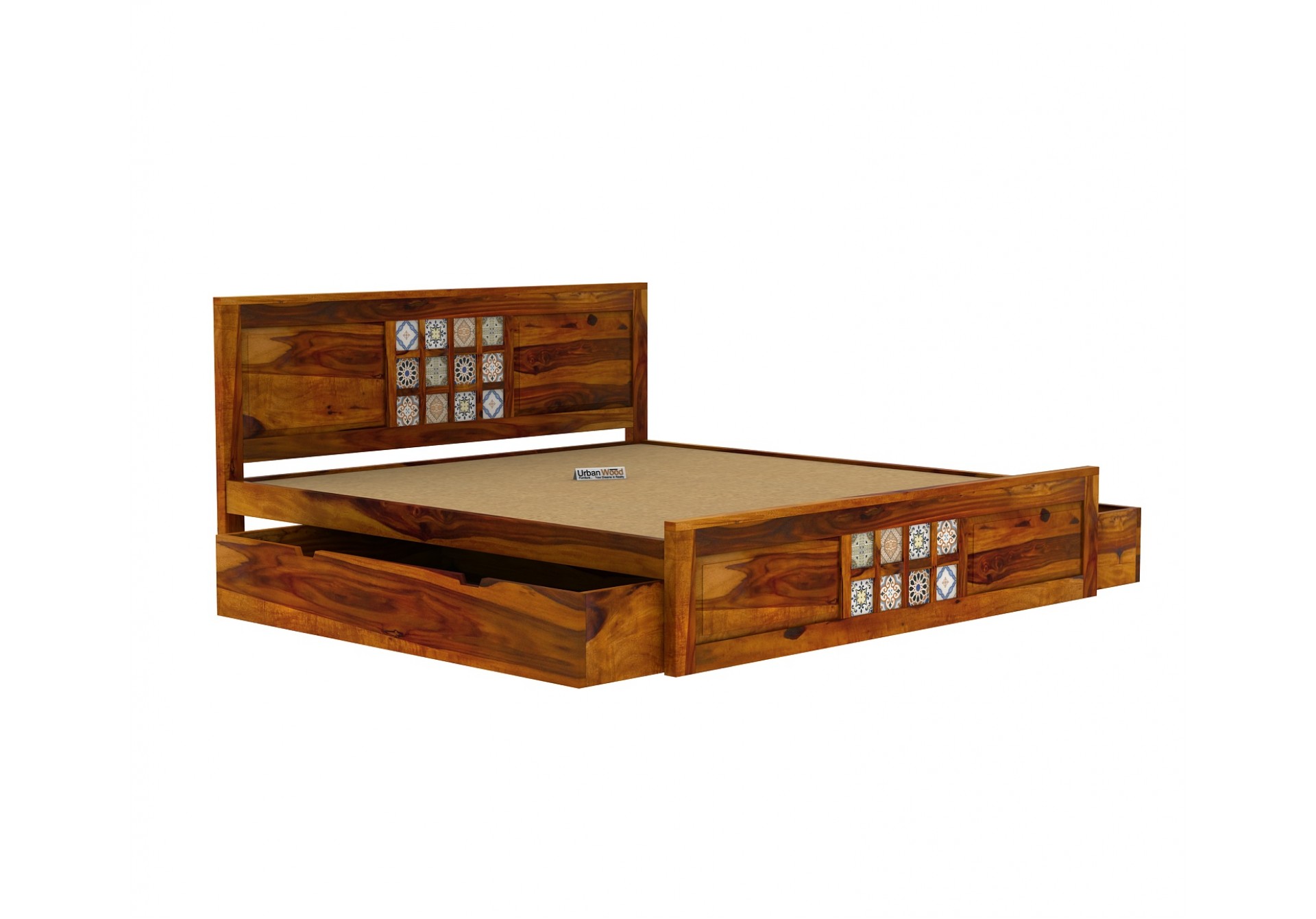 Relay Wooden Bed With Drawer Storage ( Queen Size, Honey Finish )