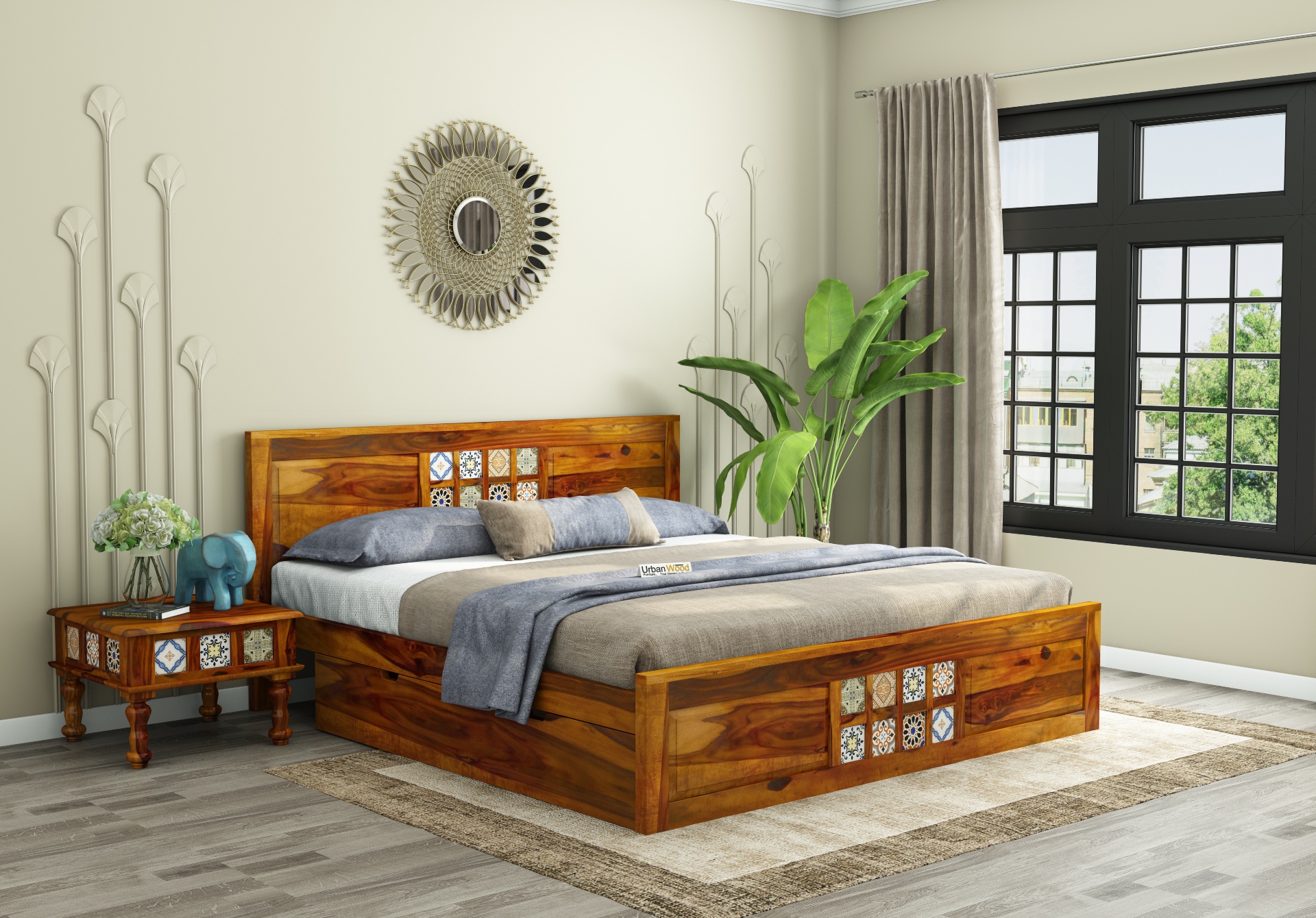 Relay Wooden Bed With Drawer Storage ( King Size, Honey Finish )