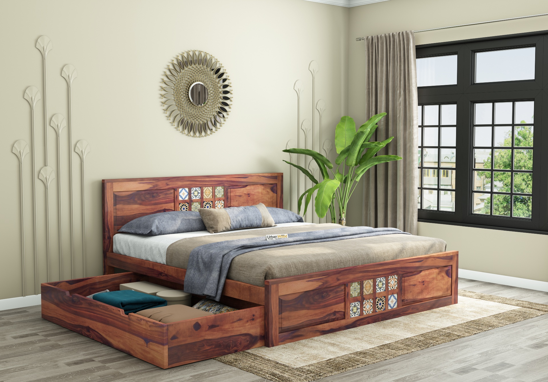 Relay Wooden Bed With Drawer Storage ( King Size, Teak Finish )