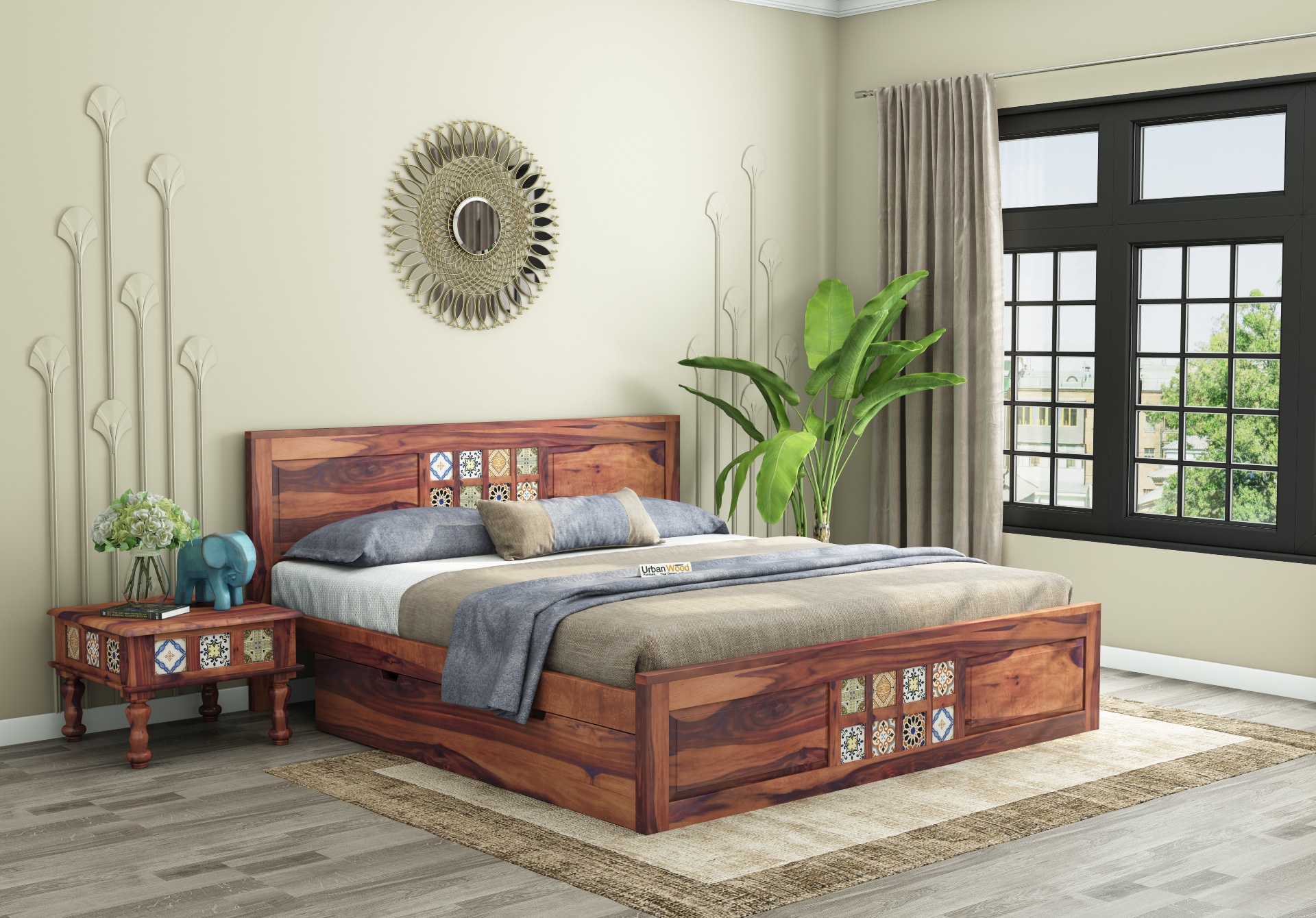 Relay Wooden Bed With Drawer Storage ( King Size, Teak Finish )