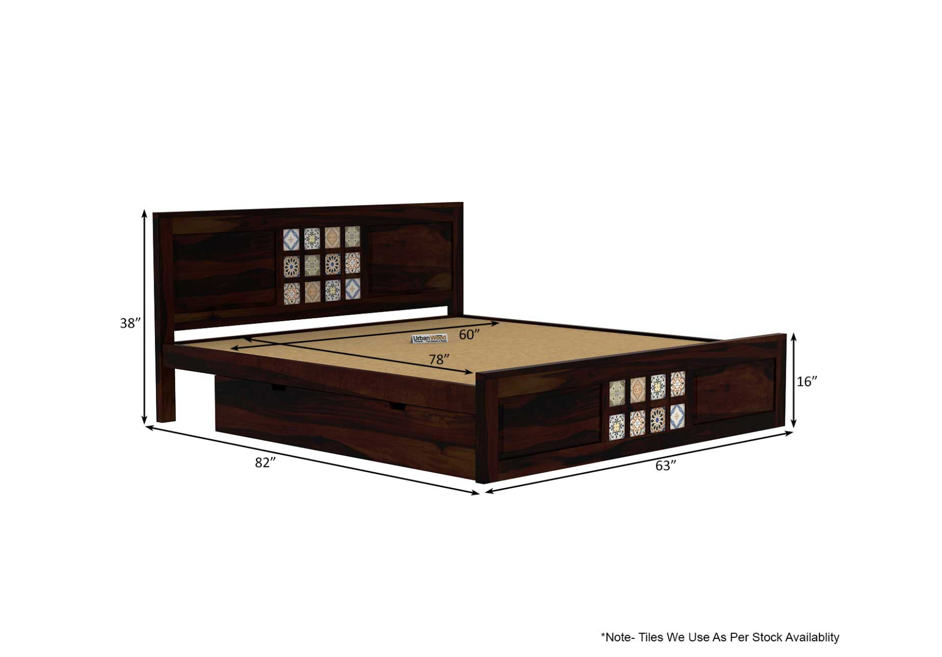 Relay Wooden Bed With Drawer Storage ( Queen Size, Walnut Finish )