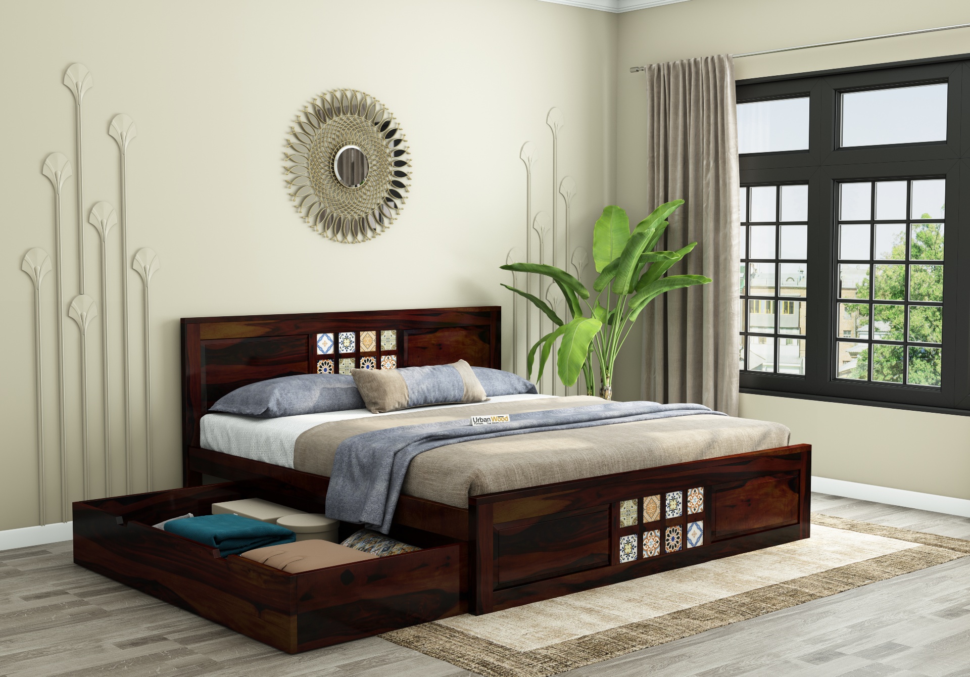 Relay Wooden Bed With Drawer Storage ( King Size, Walnut Finish )