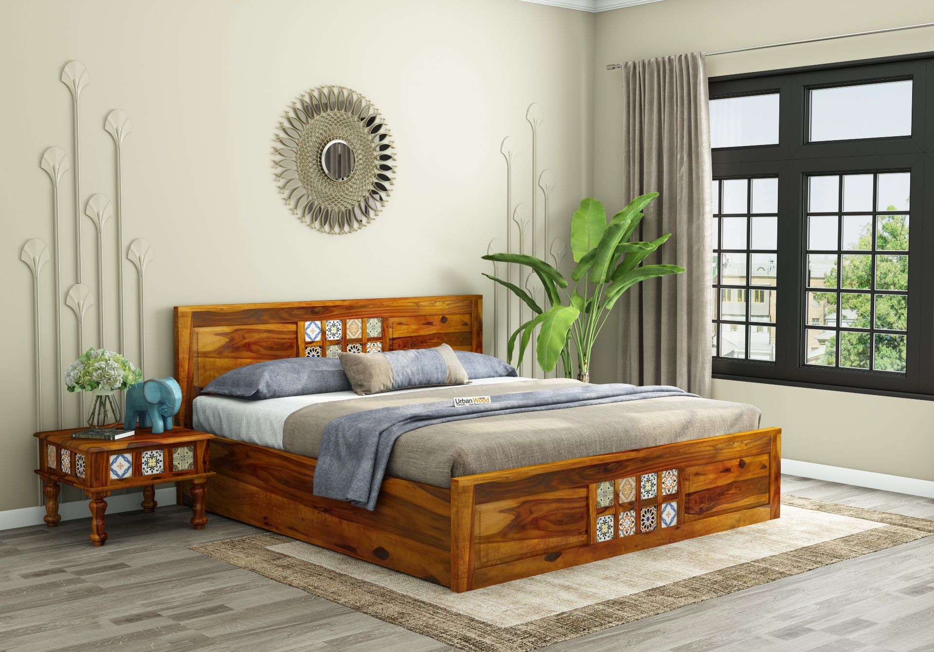 Relay Wooden Hydraulic Bed ( King Size, Honey Finish )
