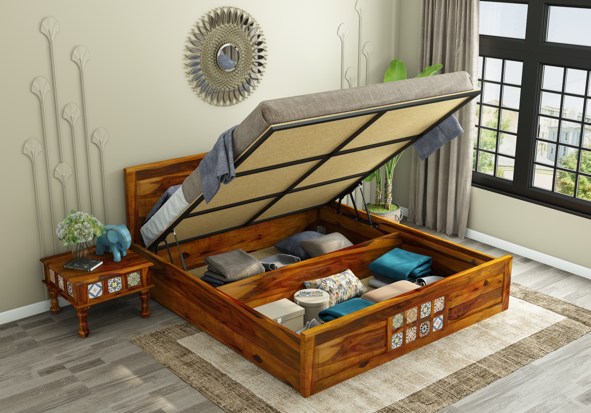 Relay Wooden Hydraulic Bed ( Queen Size, Honey Finish )