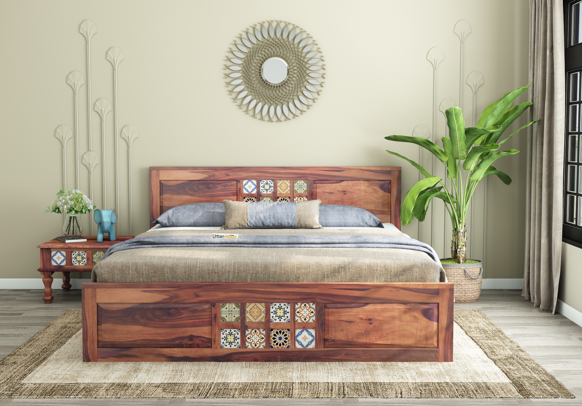 Relay Wooden Hydraulic Bed ( Queen Size, Teak Finish )
