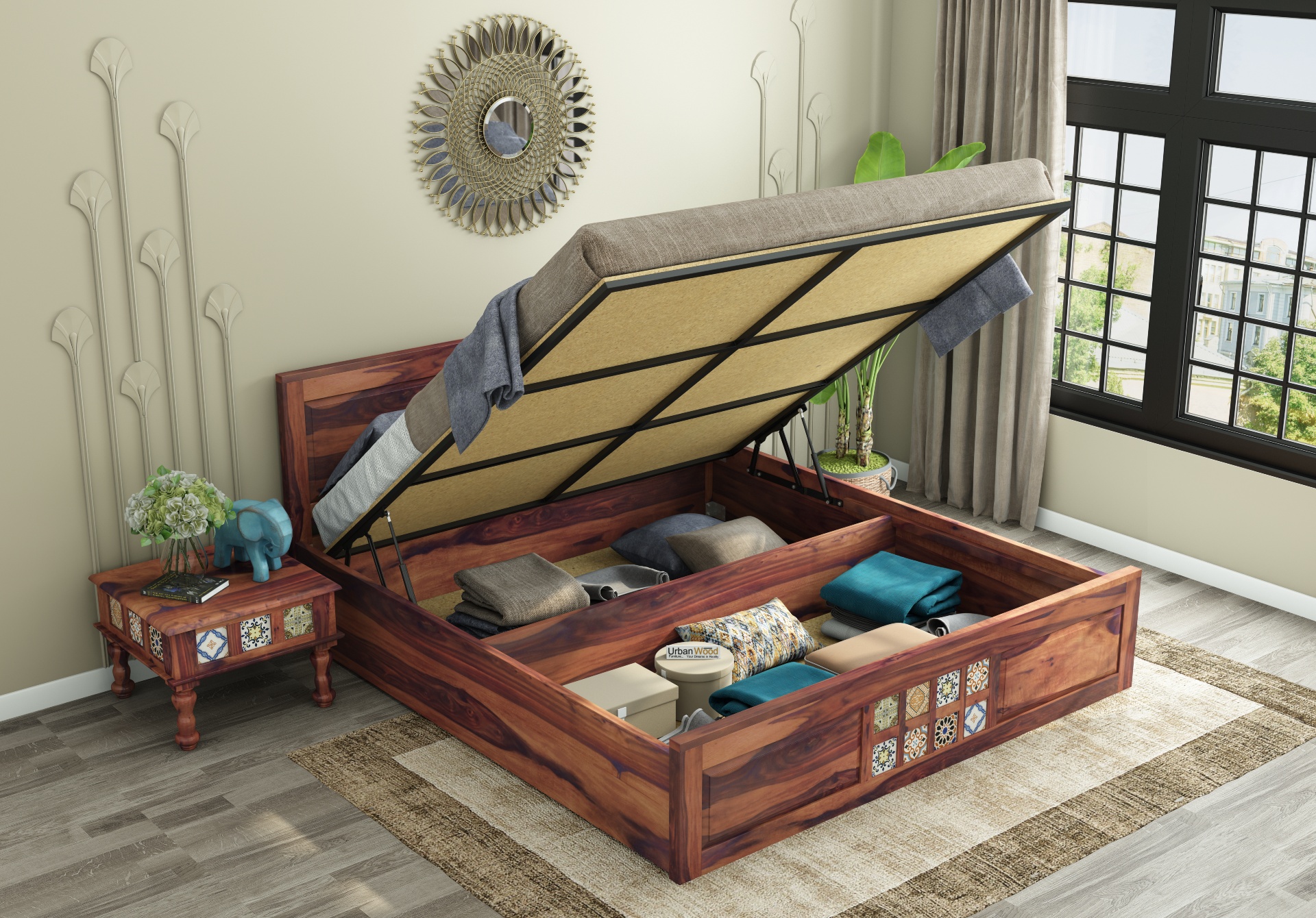 Relay Wooden Hydraulic Bed ( Queen Size, Teak Finish )