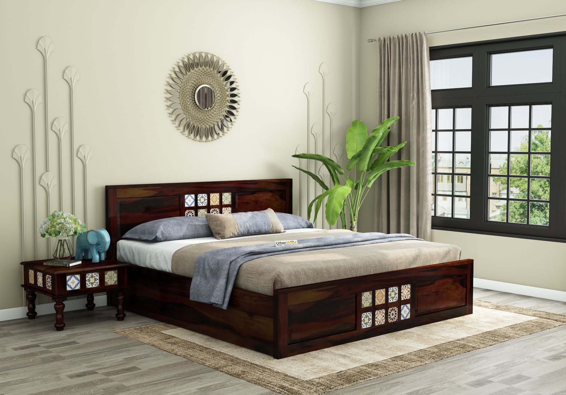 Relay Wooden Hydraulic Bed ( King Size, Walnut Finish )