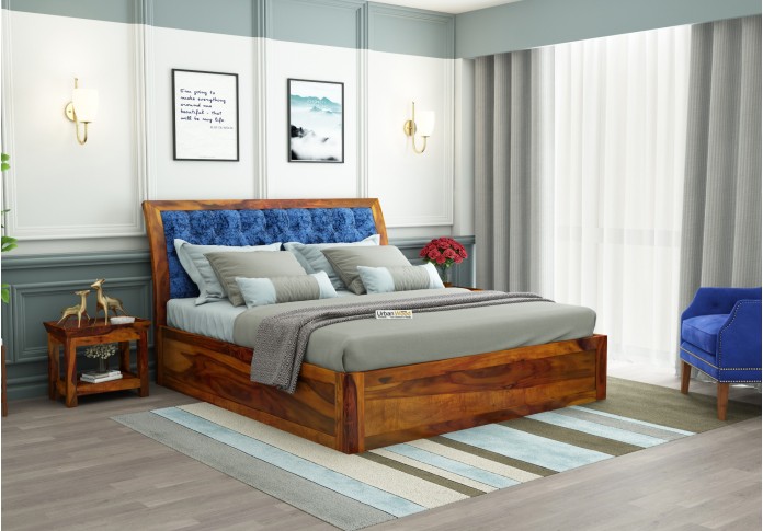 Ross Wooden Bed With Box Storage (Queen Size, Honey Finish)