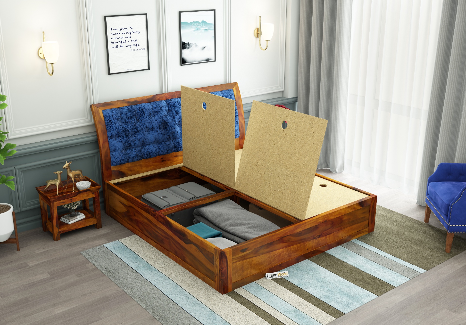 Ross Wooden Bed With Box Storage <small>(Queen Size, Honey Finish)</small>