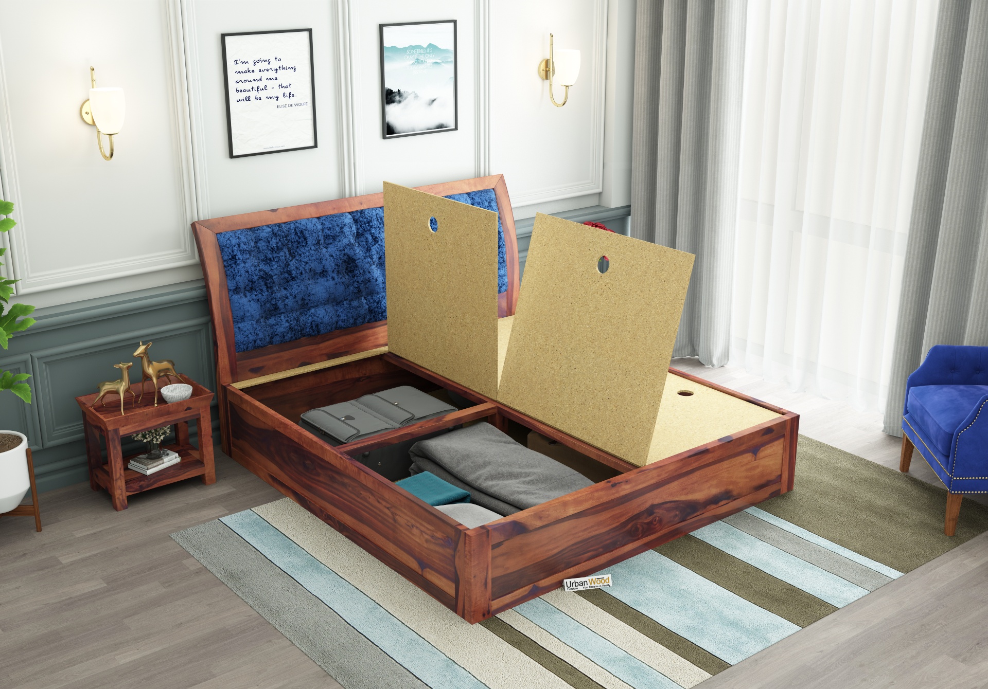 Ross Wooden Bed With Box Storage <small>(Queen Size, Teak Finish)</small>
