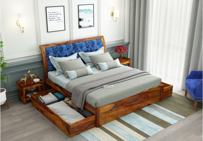 Ross  Wooden Bed With Drawer Storage (Queen Size, Honey Finish)
