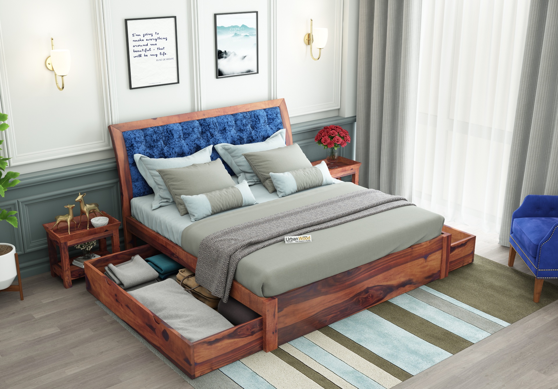 Ross  Wooden Bed With Drawer Storage <small>(King Size, Teak Finish)</small>