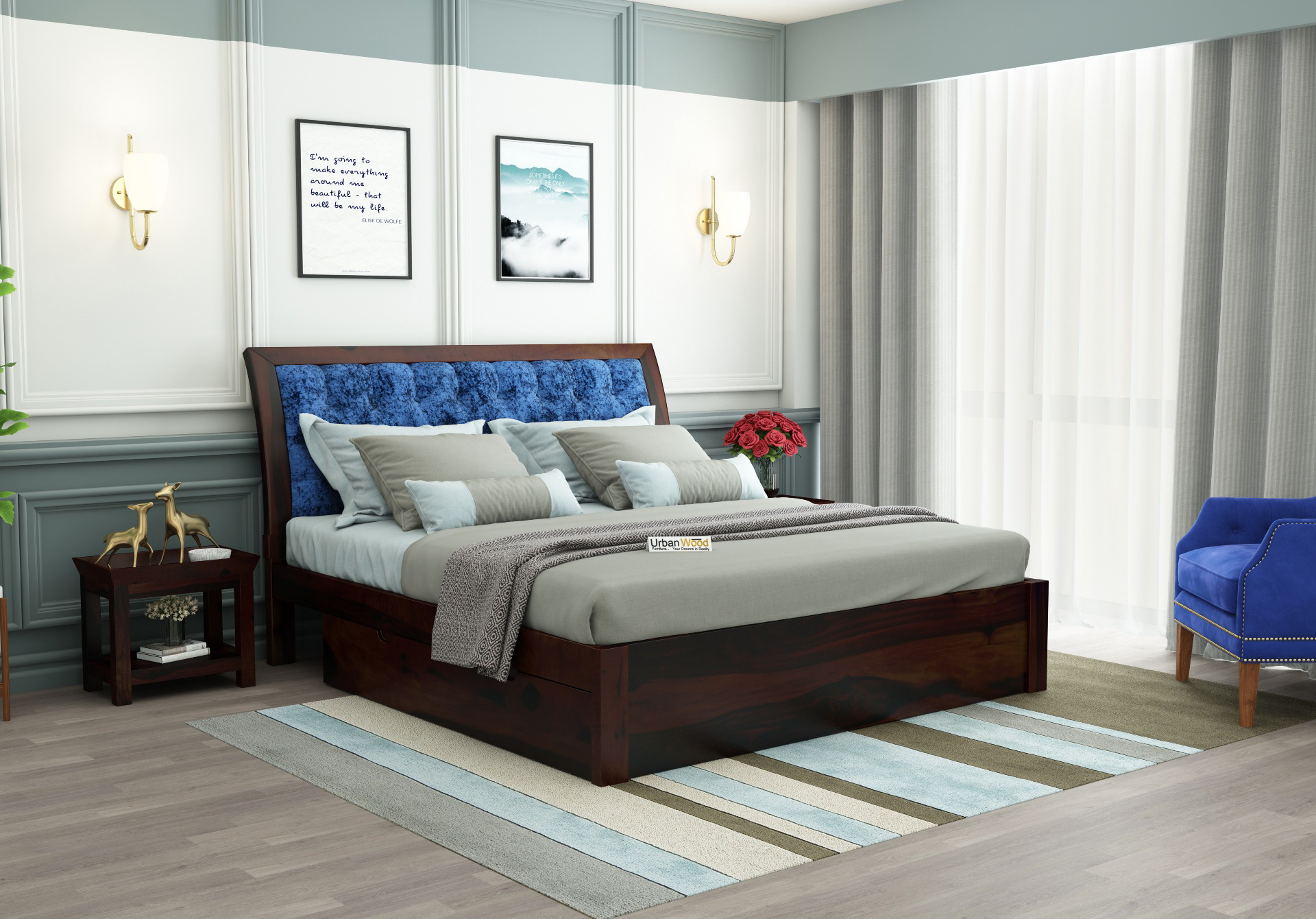 Ross  Wooden Bed With Drawer Storage (King Size, Walnut Finish)