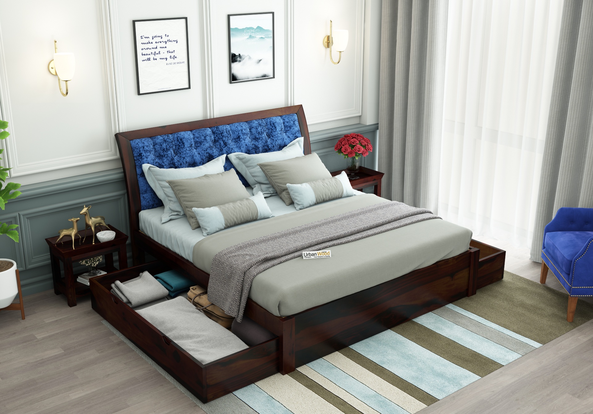 Ross  Wooden Bed With Drawer Storage <small>(Queen Size, Walnut Finish)</small>