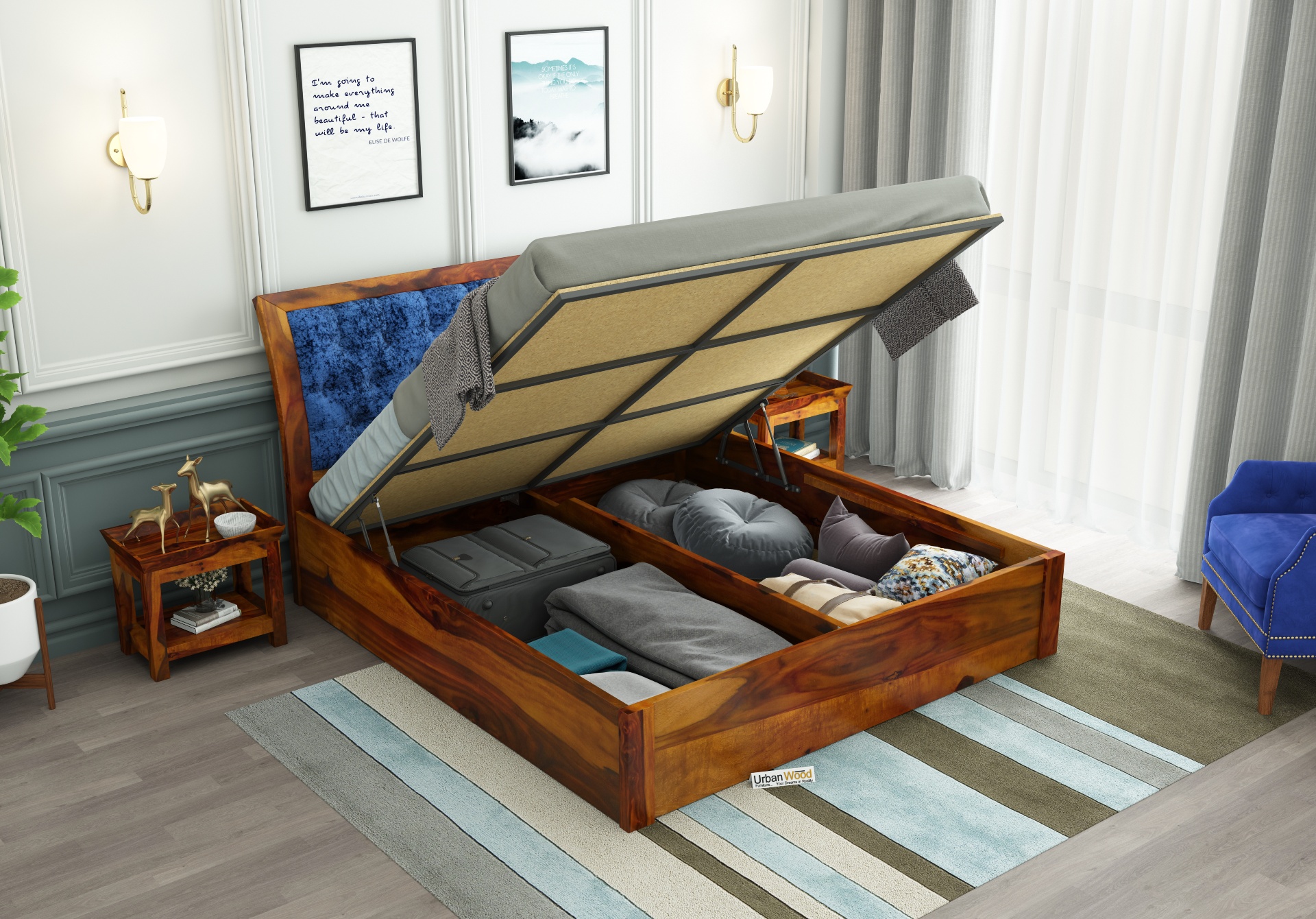 Ross Wooden Hydraulic Bed  (King Size, Teak Finish)