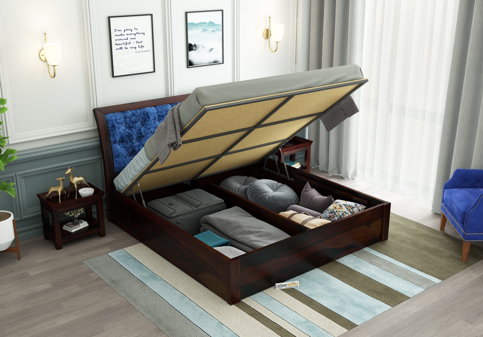 Ross Wooden Hydraulic Bed  <small>(King Size, Walnut Finish)</small>