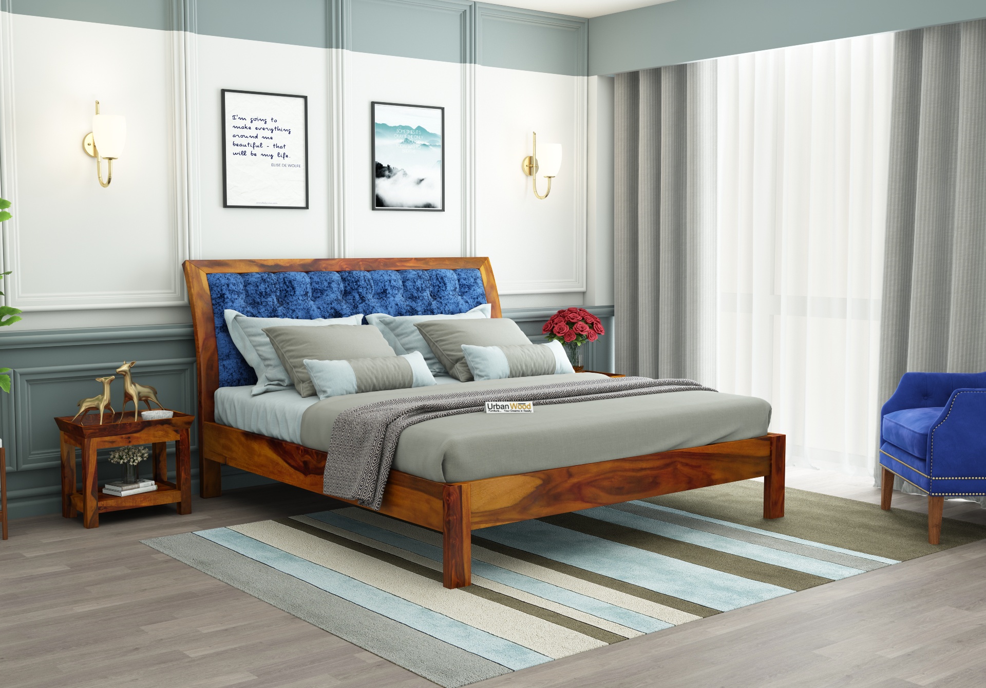 Ross Wooden Bed Without storage (King Size, Honey Finish)