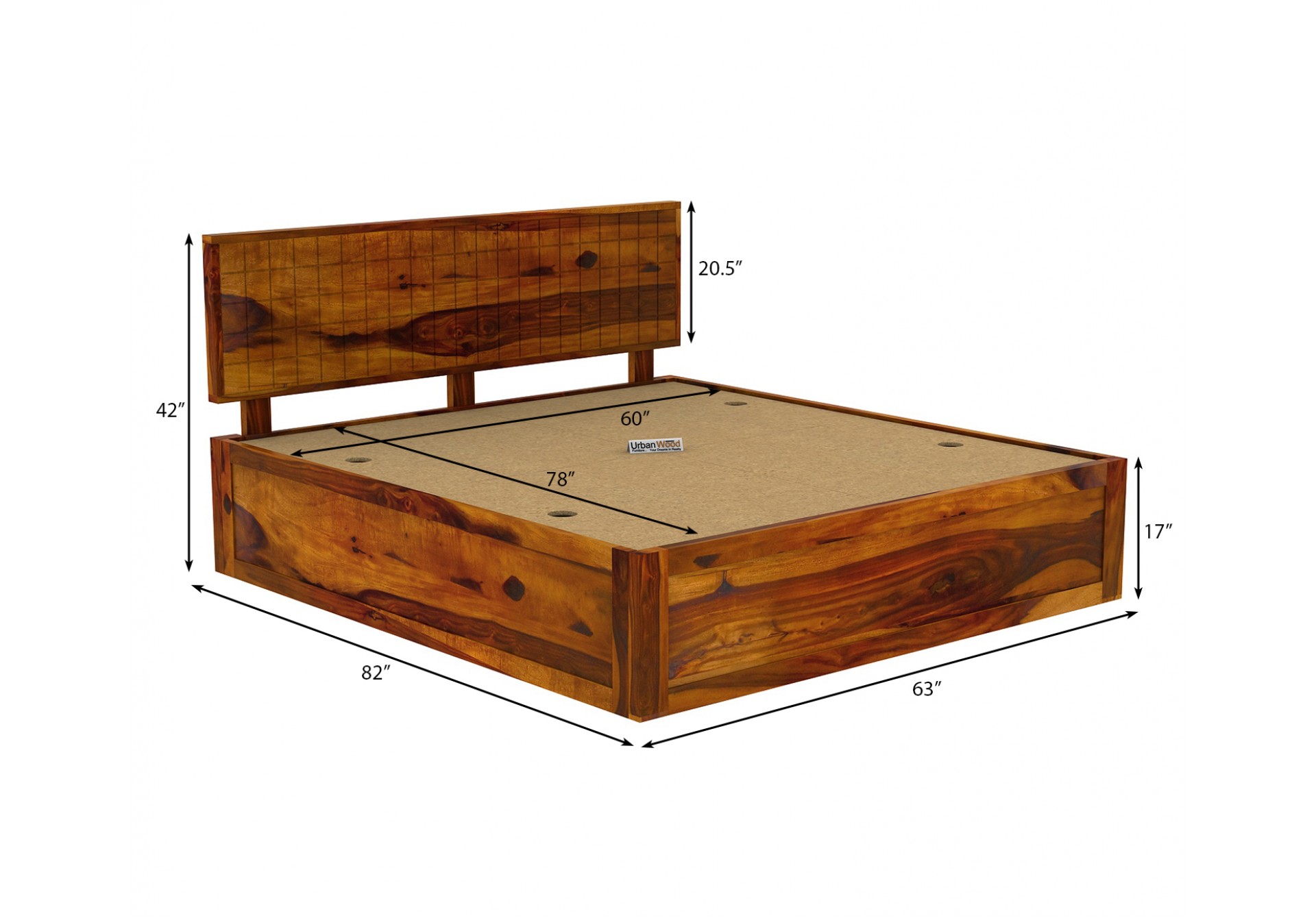 Solic Wooden Bed With Box Storage (Queen Size , Honey Finish)