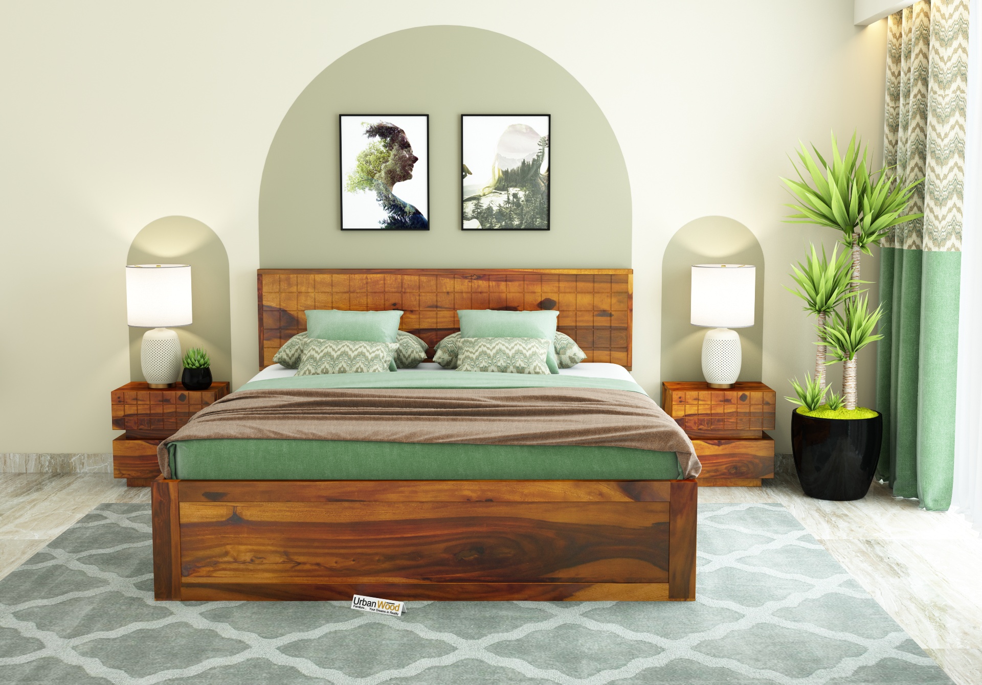 Solic Wooden Bed With Box Storage (King Size , Honey Finish)