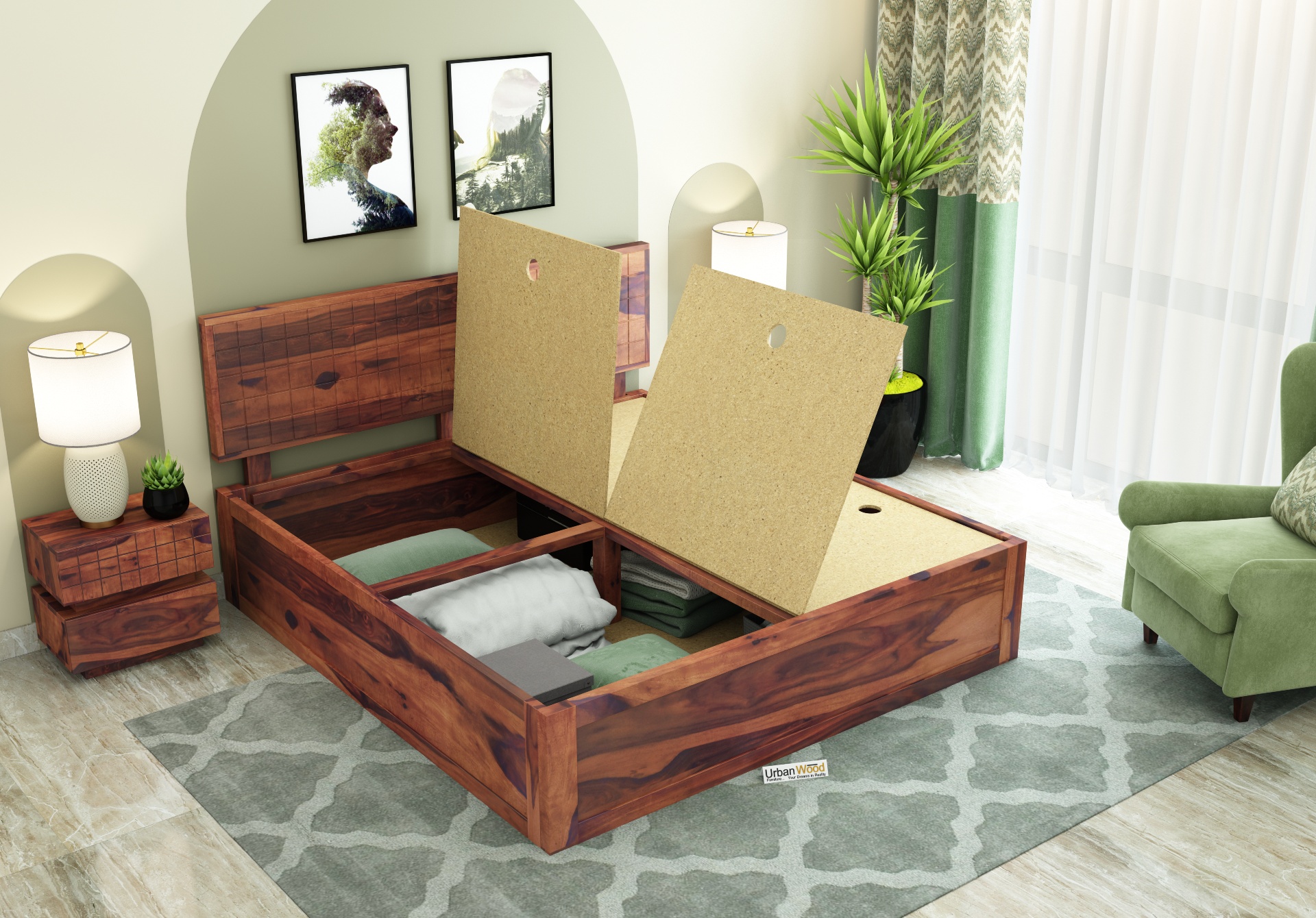 Solic Wooden Bed With Box Storage <small>(Queen Size ,Teak Finish)</small>