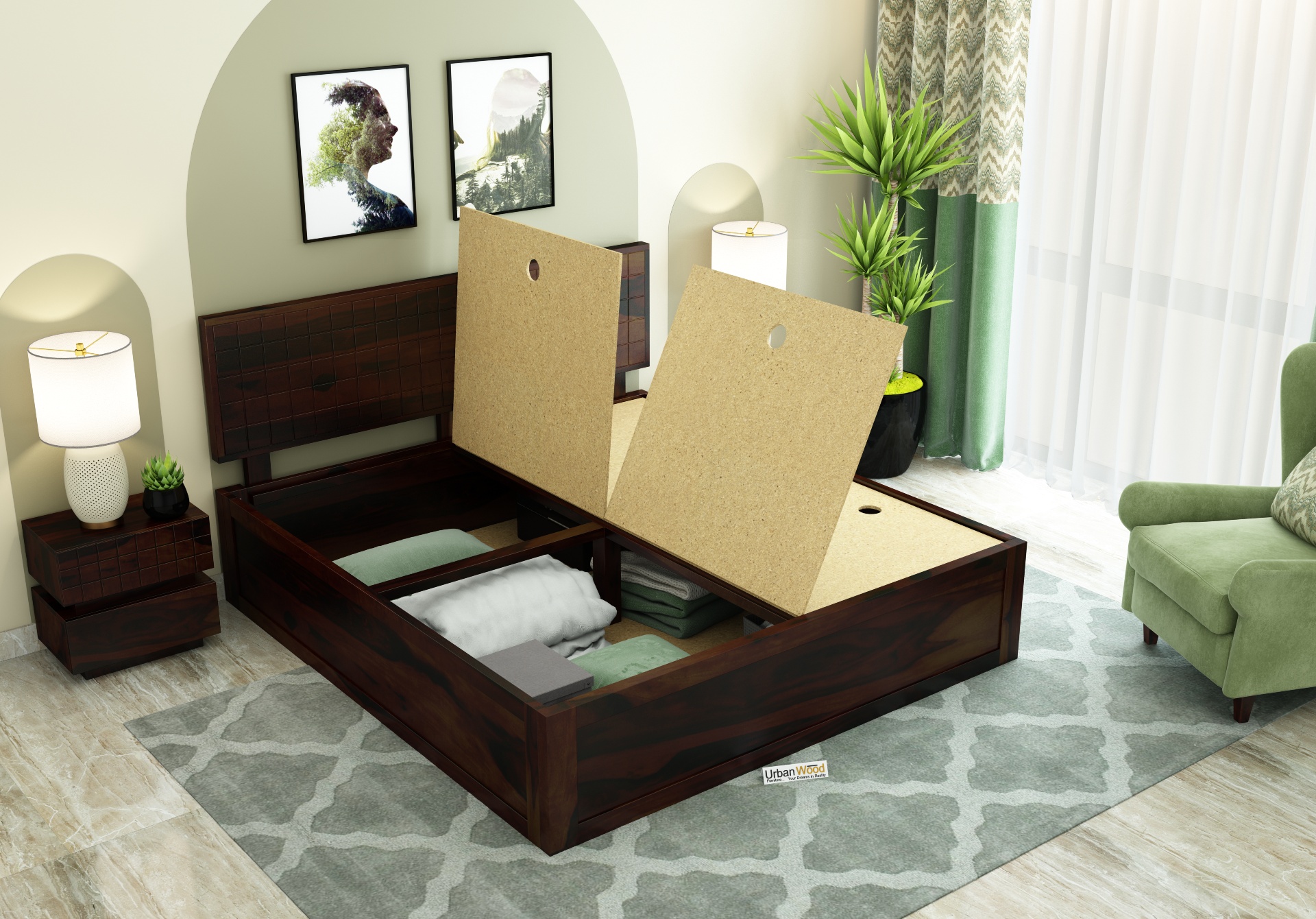 Solic Wooden Bed With Box Storage <small>(Queen Size ,Walnut Finish)</small>
