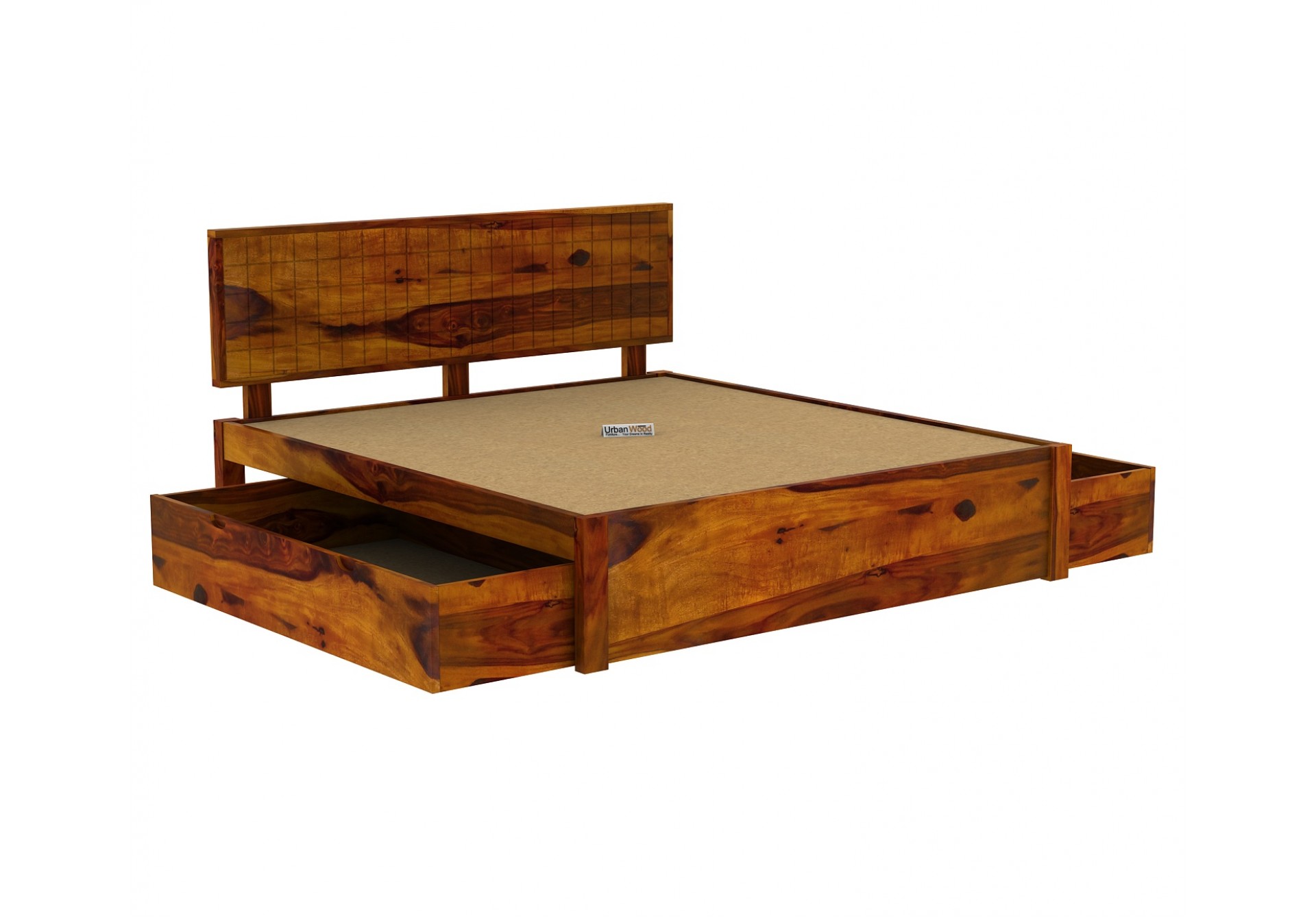 Solic Wooden Bed With Drawer Storage (Queen Size ,Honey Finish)