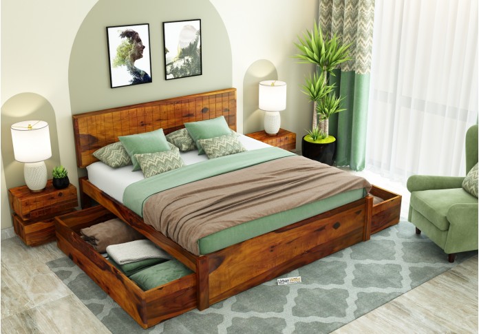 Solic Wooden Bed With Drawer Storage (Queen Size ,Honey Finish)