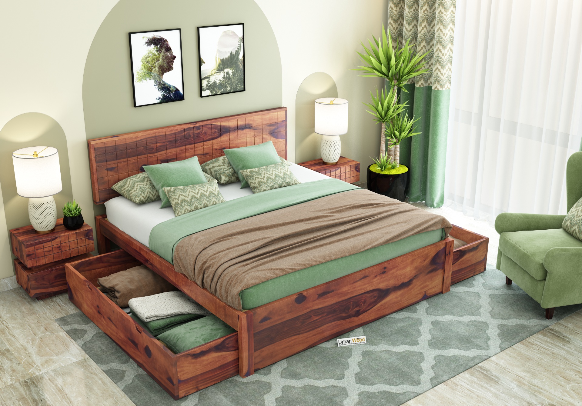 Solic Wooden Bed With Drawer Storage (King Size ,Teak Finish)