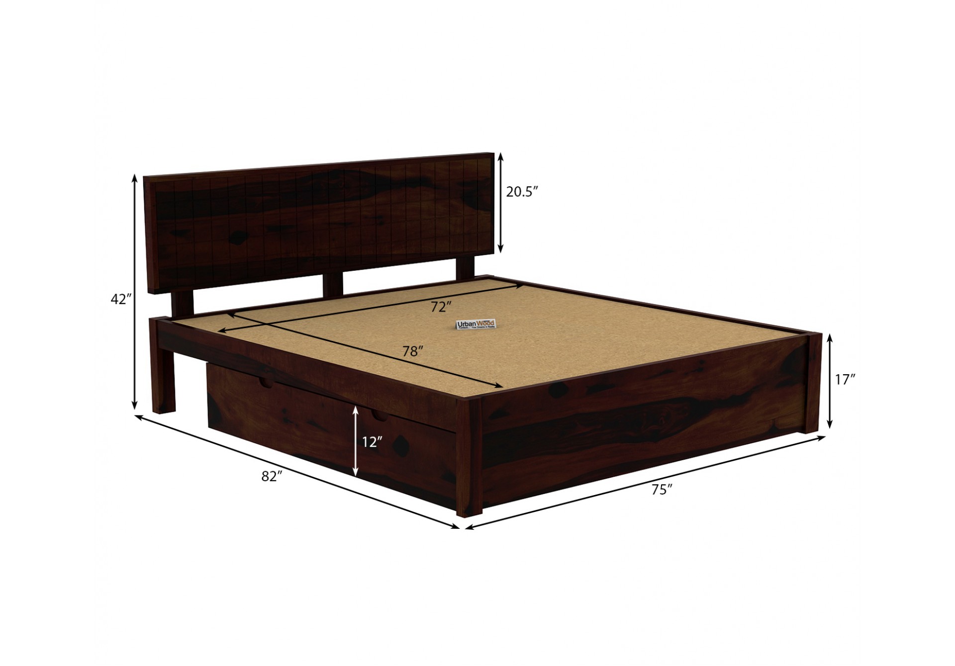 Solic Wooden Bed With Drawer Storage (King Size ,Walnut Finish)