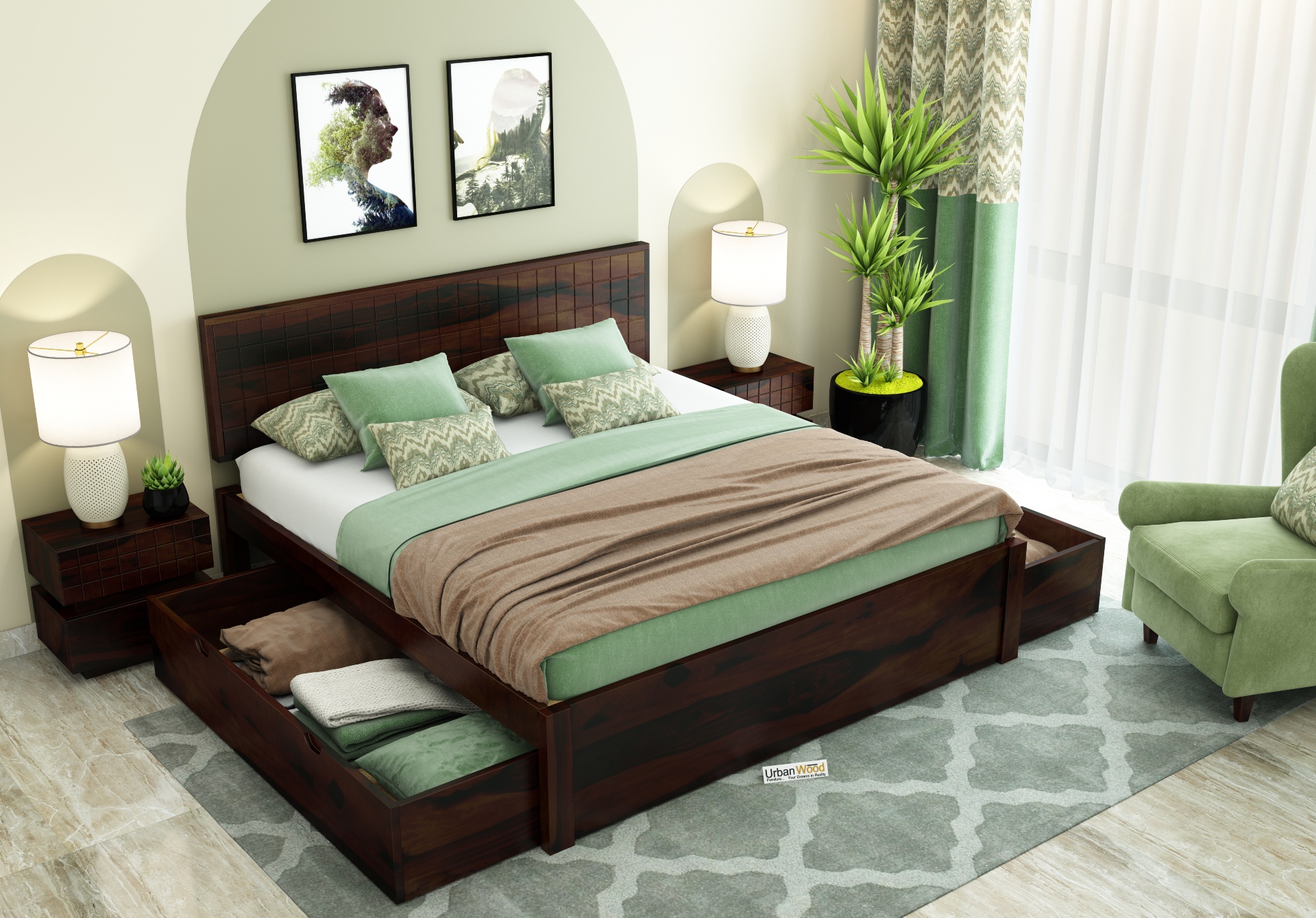 Solic Wooden Bed With Drawer Storage <small>(Queen Size ,Walnut Finish)</small>