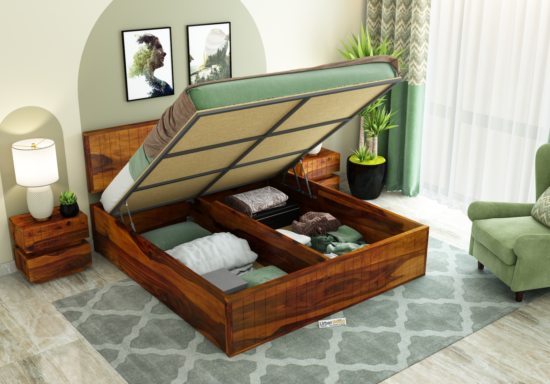 Solic Wooden Hydraulic Bed (King Size ,Honey Finish)