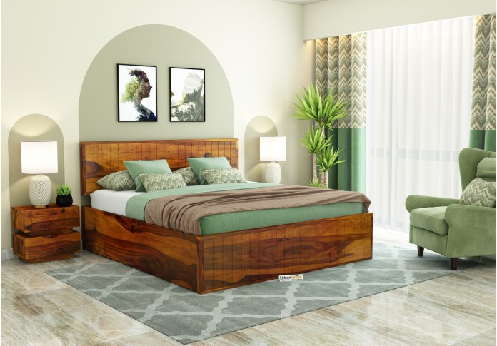Solic Wooden Hydraulic Bed (Queen Size ,Honey Finish)