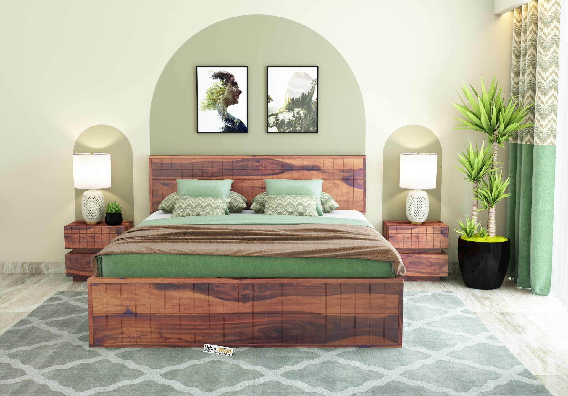 Solic Wooden Hydraulic Bed (Queen Size ,Teak Finish)