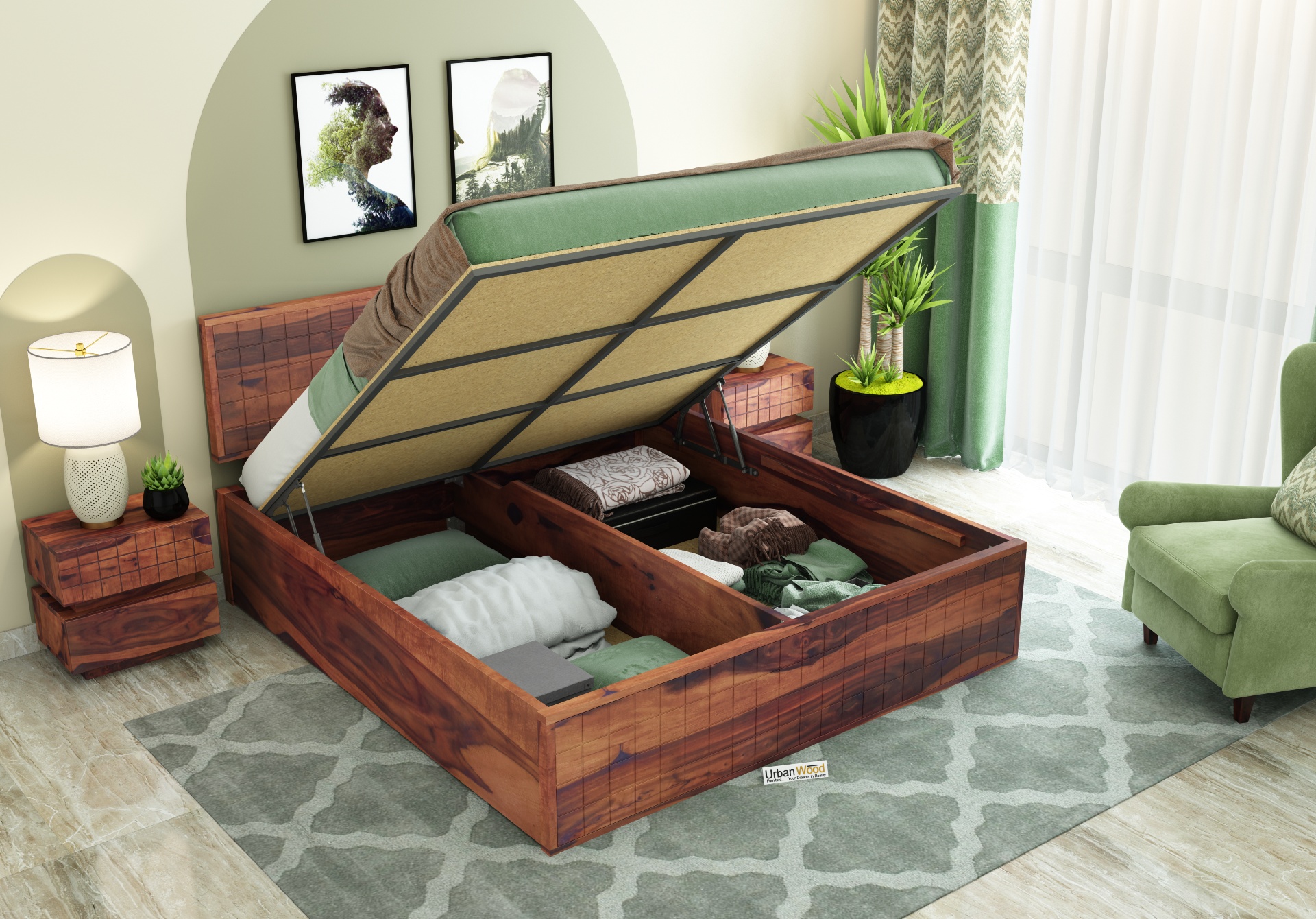 Solic Wooden Hydraulic Bed (King Size ,Teak Finish)
