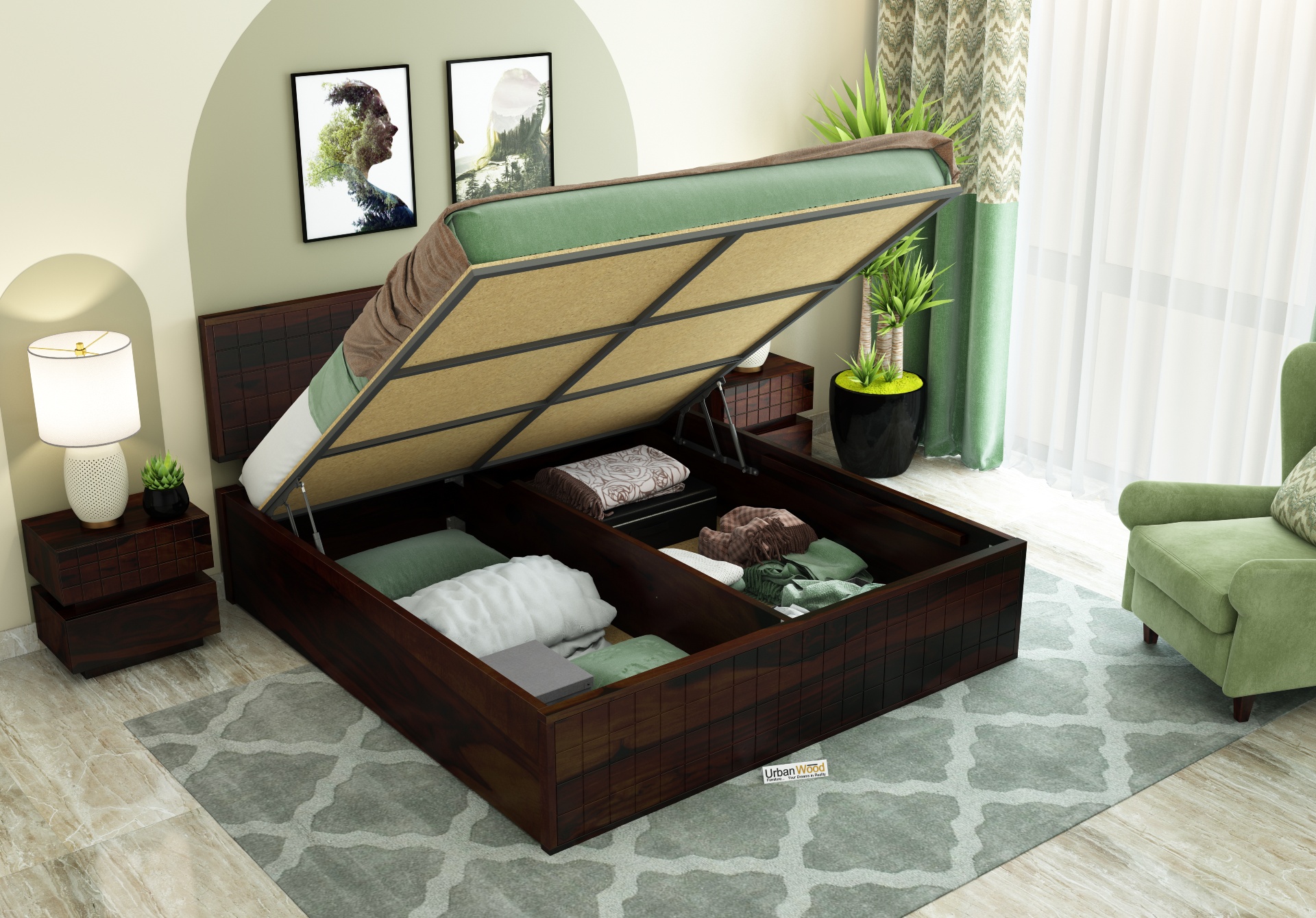 Solic Wooden Hydraulic Bed <small>(Queen Size ,Walnut Finish)</small>