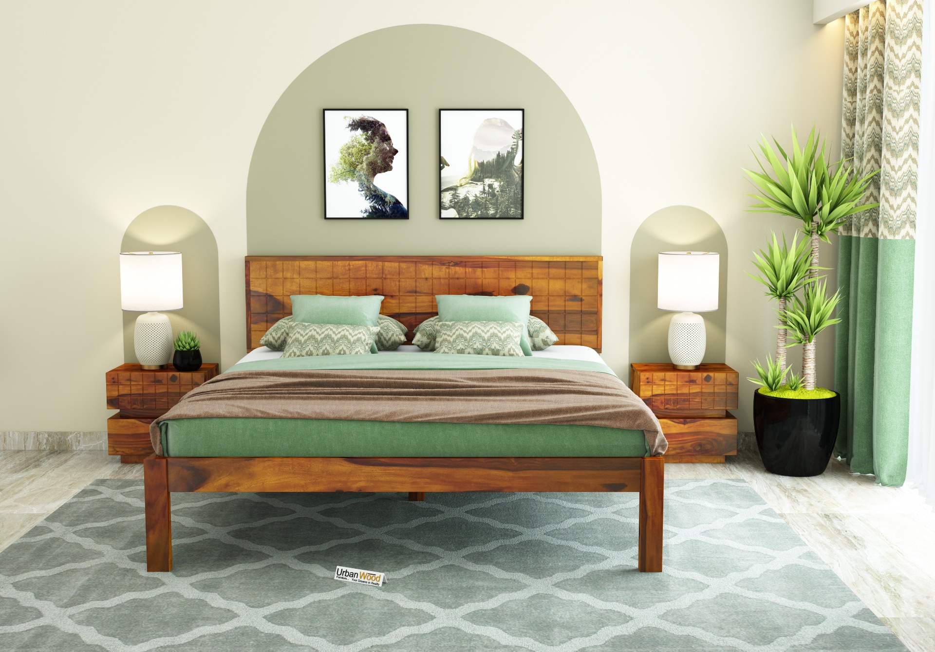 Solic Wooden Bed Without storage Queen Size <small>(Honey Finish)</small>