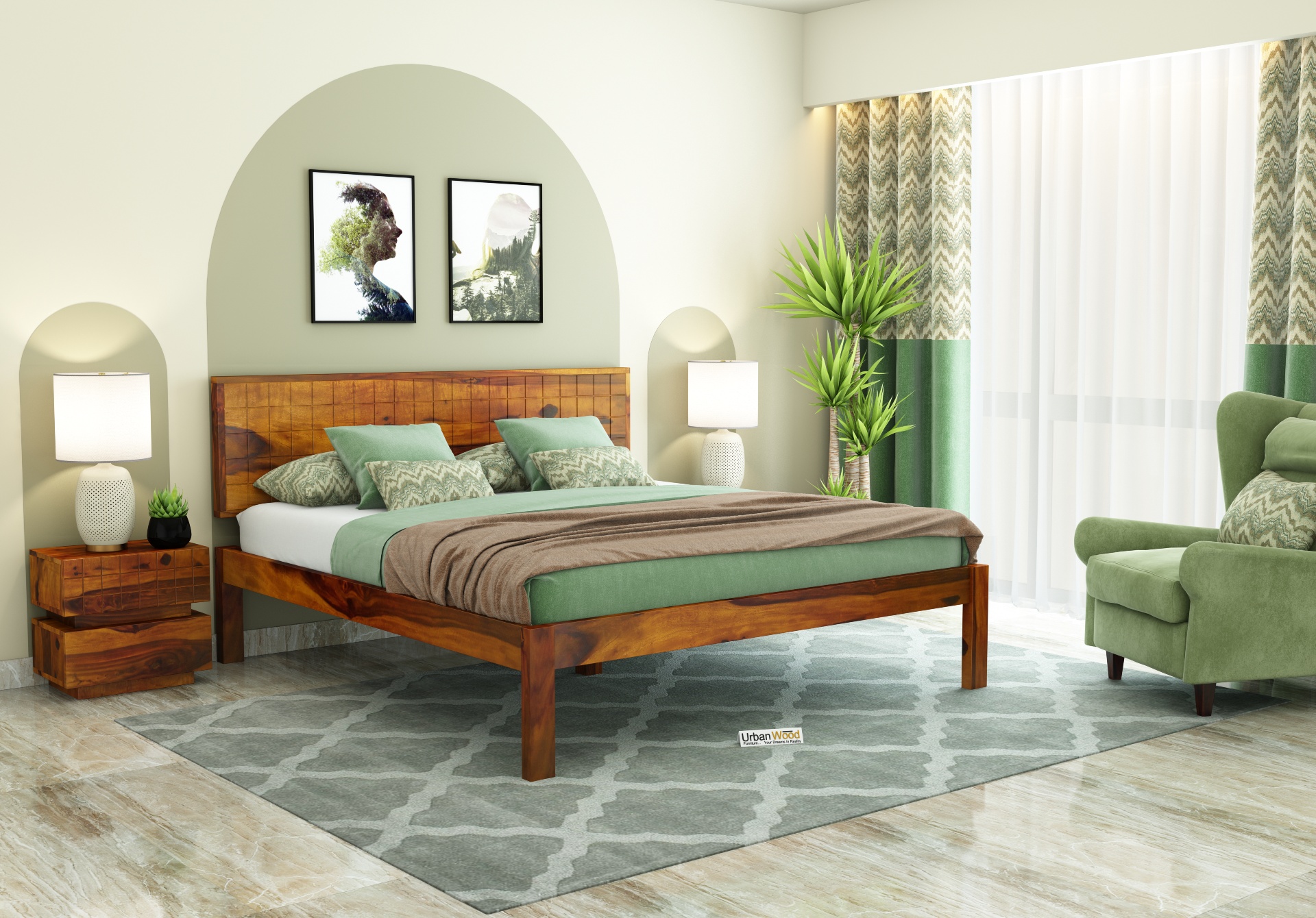 Solic Wooden Bed Without storage Queen Size (Honey Finish)