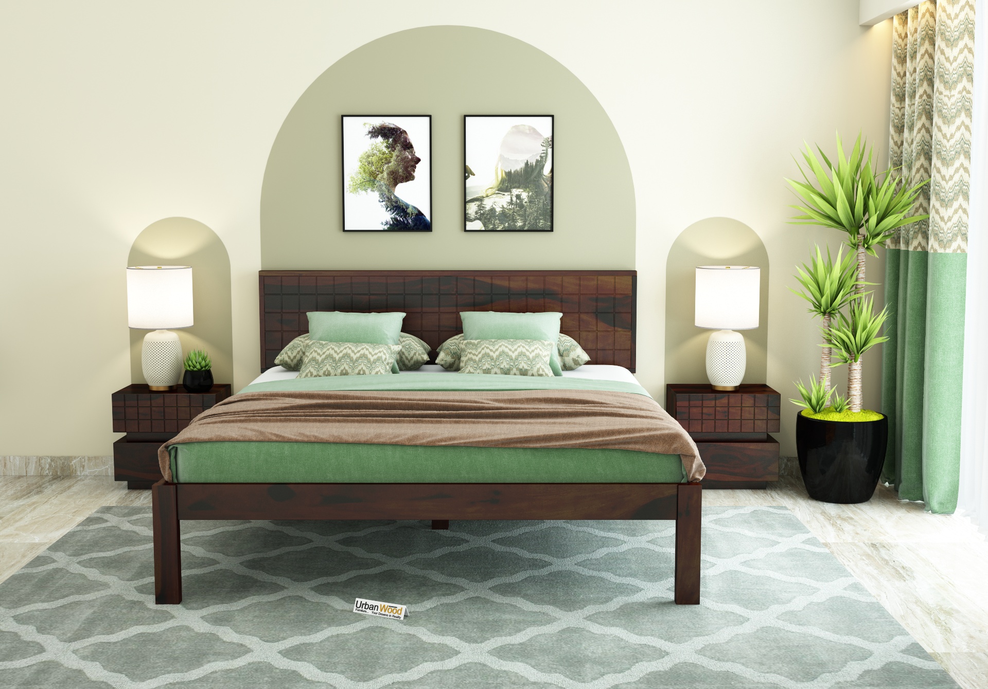 Solic Wooden Bed Without storage Queen Size <small>(Walnut Finish)</small>