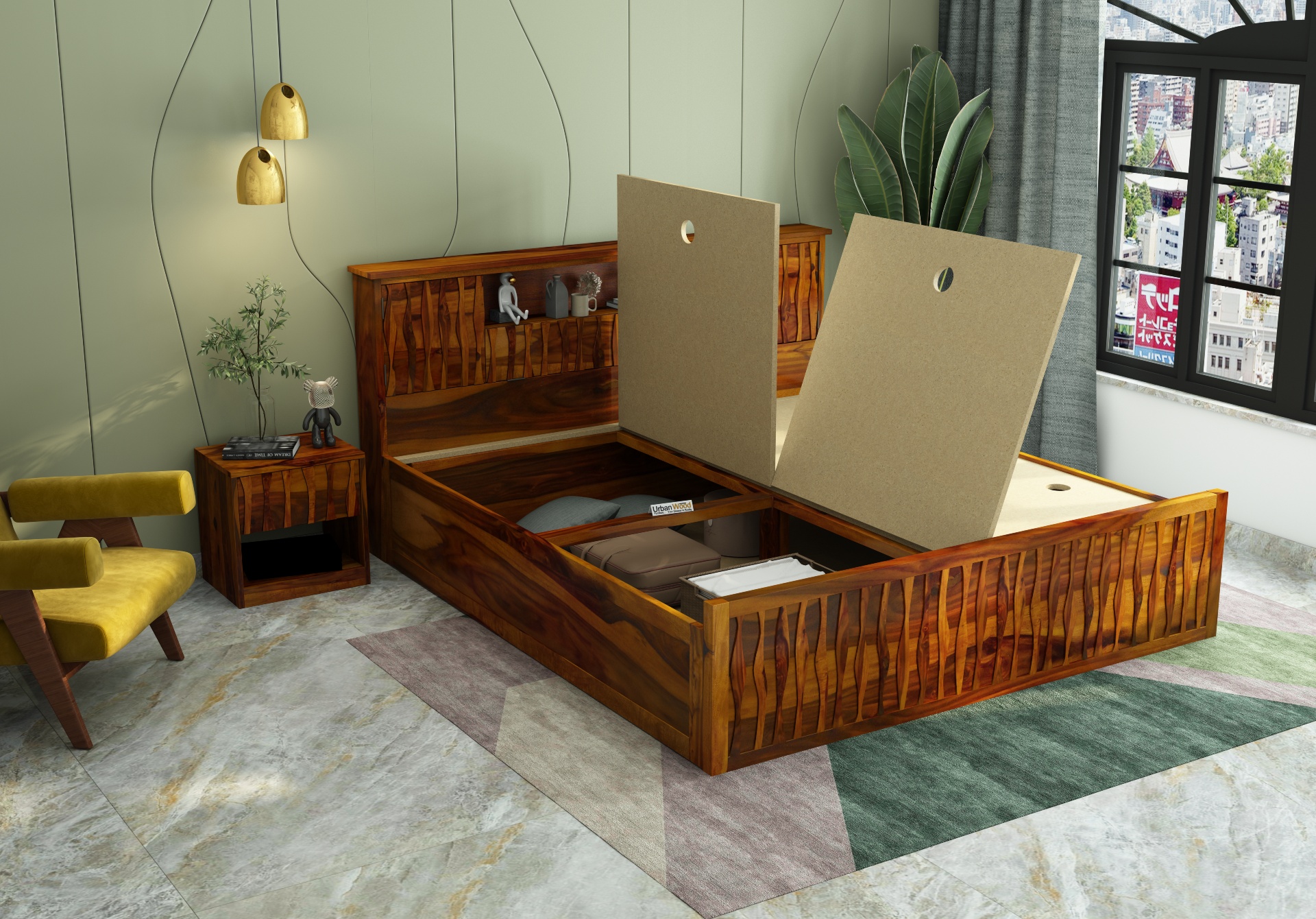 Stack Box Storage Bed (King Size, Honey Finish)