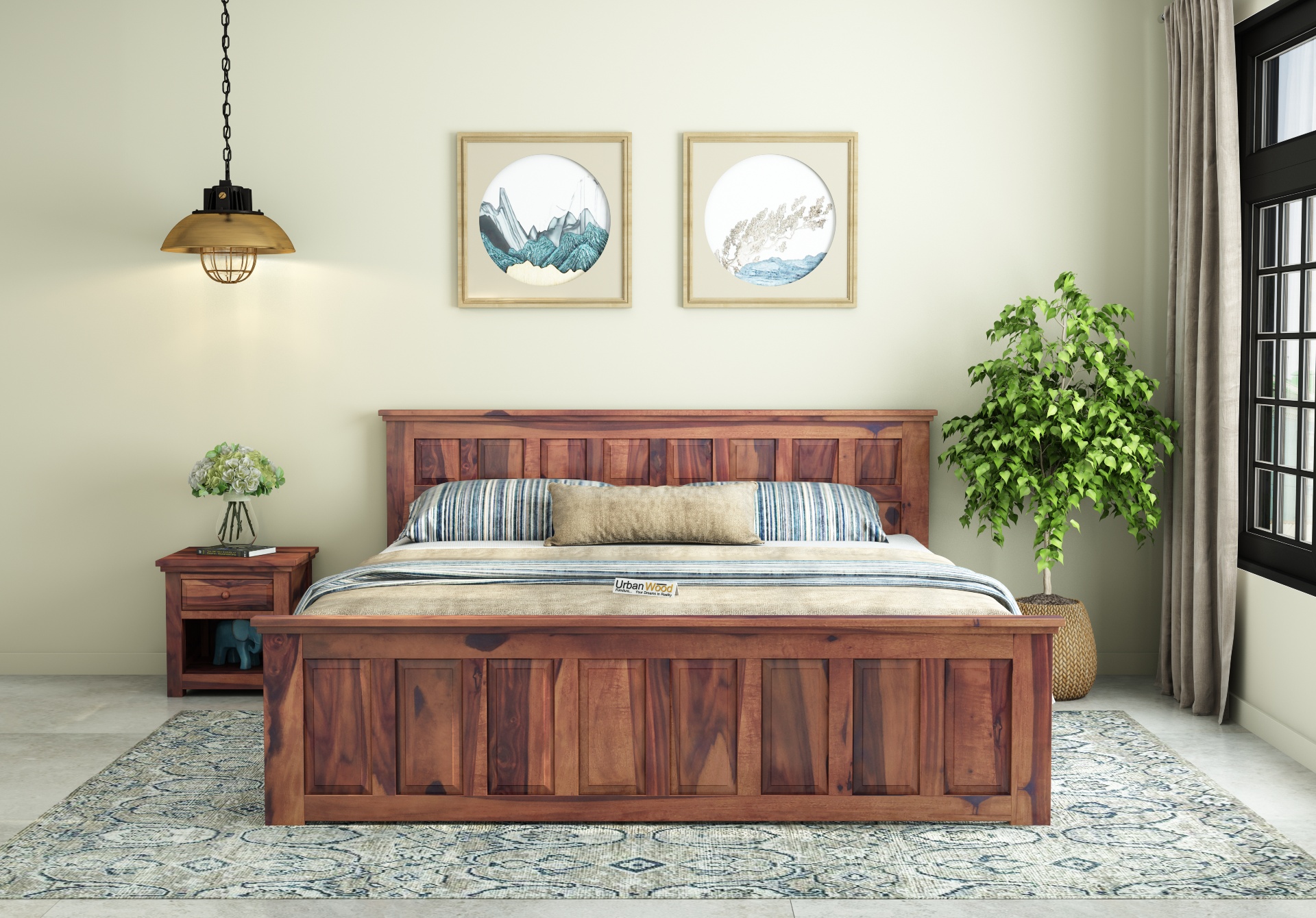 Thoms Without Storage Bed (Queen Size, Teak Finish)