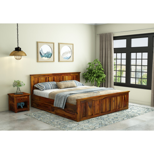 Thoms Bed With Drawer Storage ( Queen Size, Honey Finish )