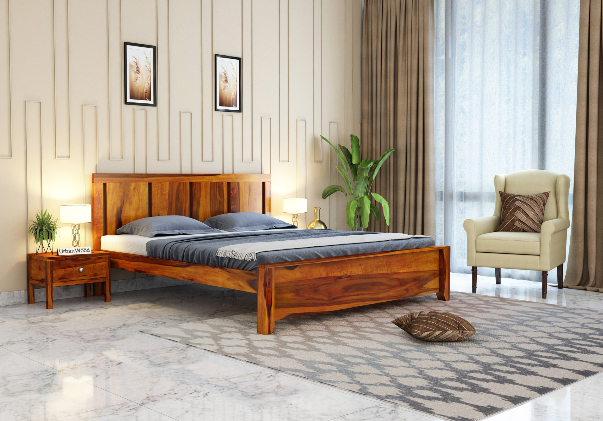 Topaz Bed Without Storage <small>( Queen Size, Honey Finish) </small>