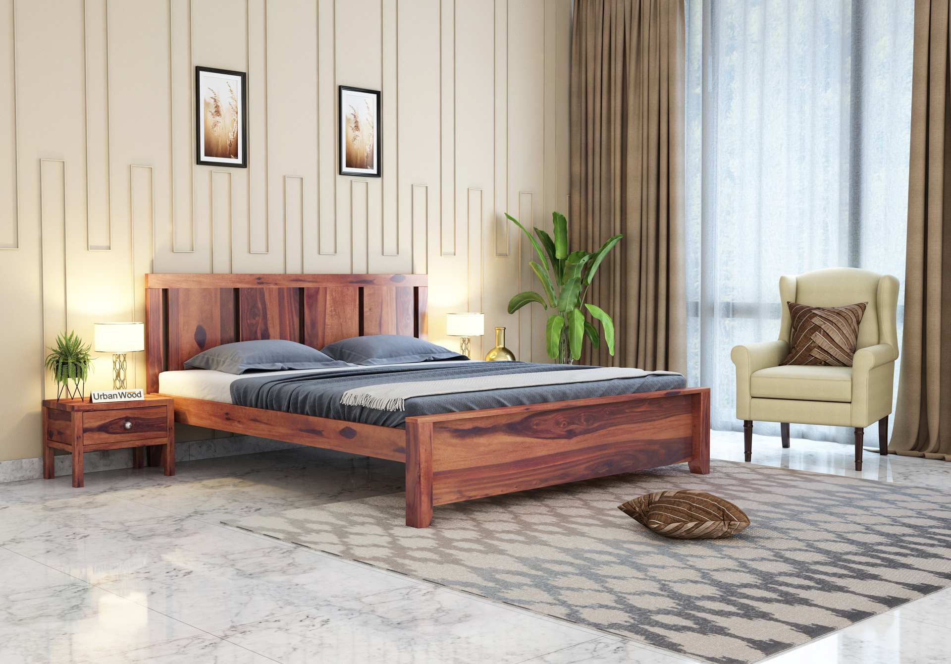 Topaz Bed Without Storage ( Queen Size, Teak Finish ) 