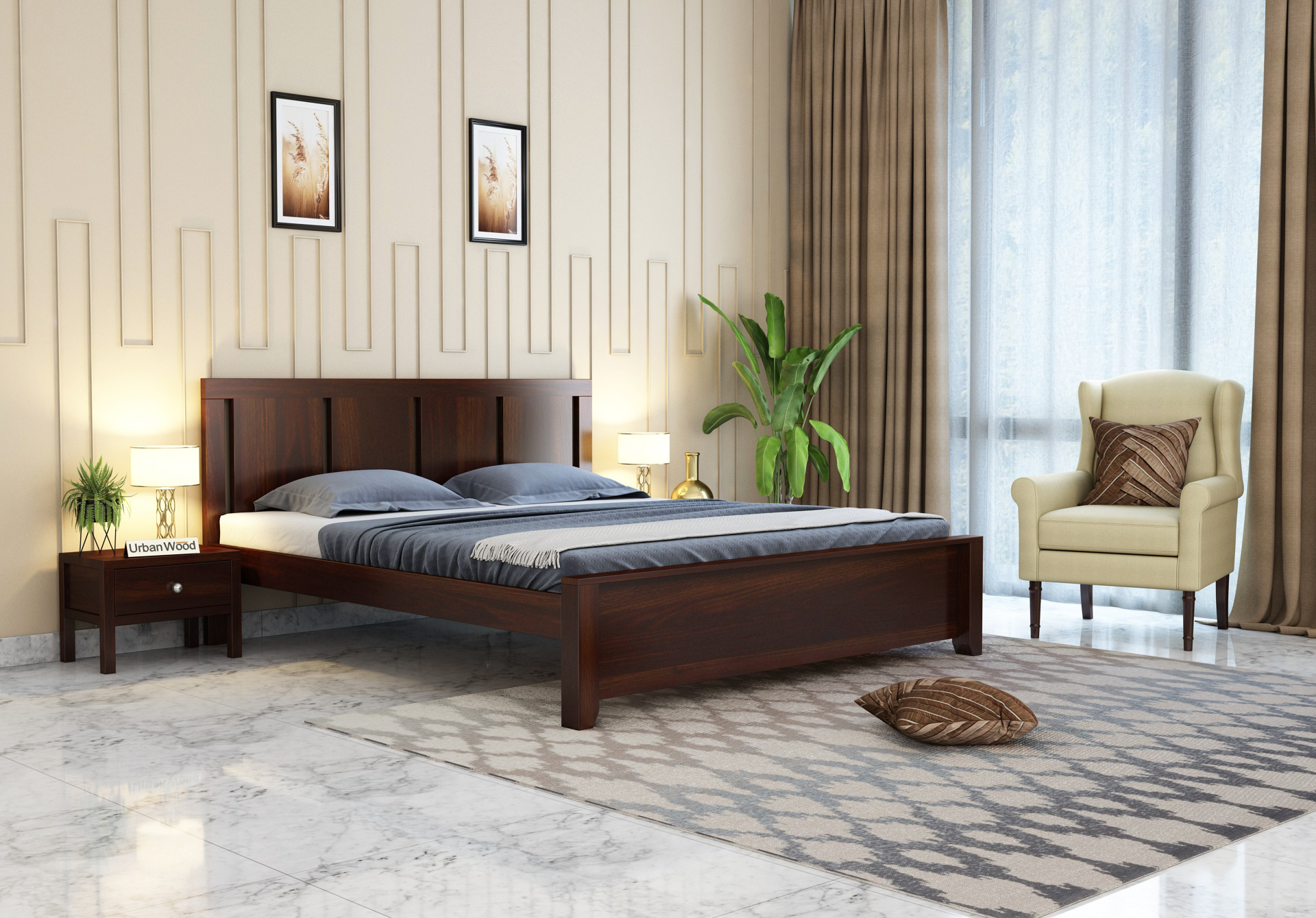 Topaz Bed Without Storage ( Queen Size, Walnut Finish ) 
