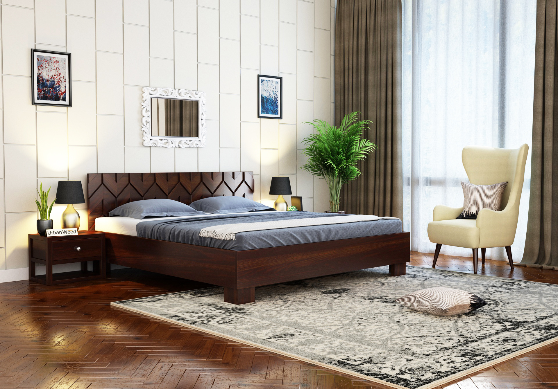 Trace Bed Without Storage <small>( King Size, Walnut Finish )</small>